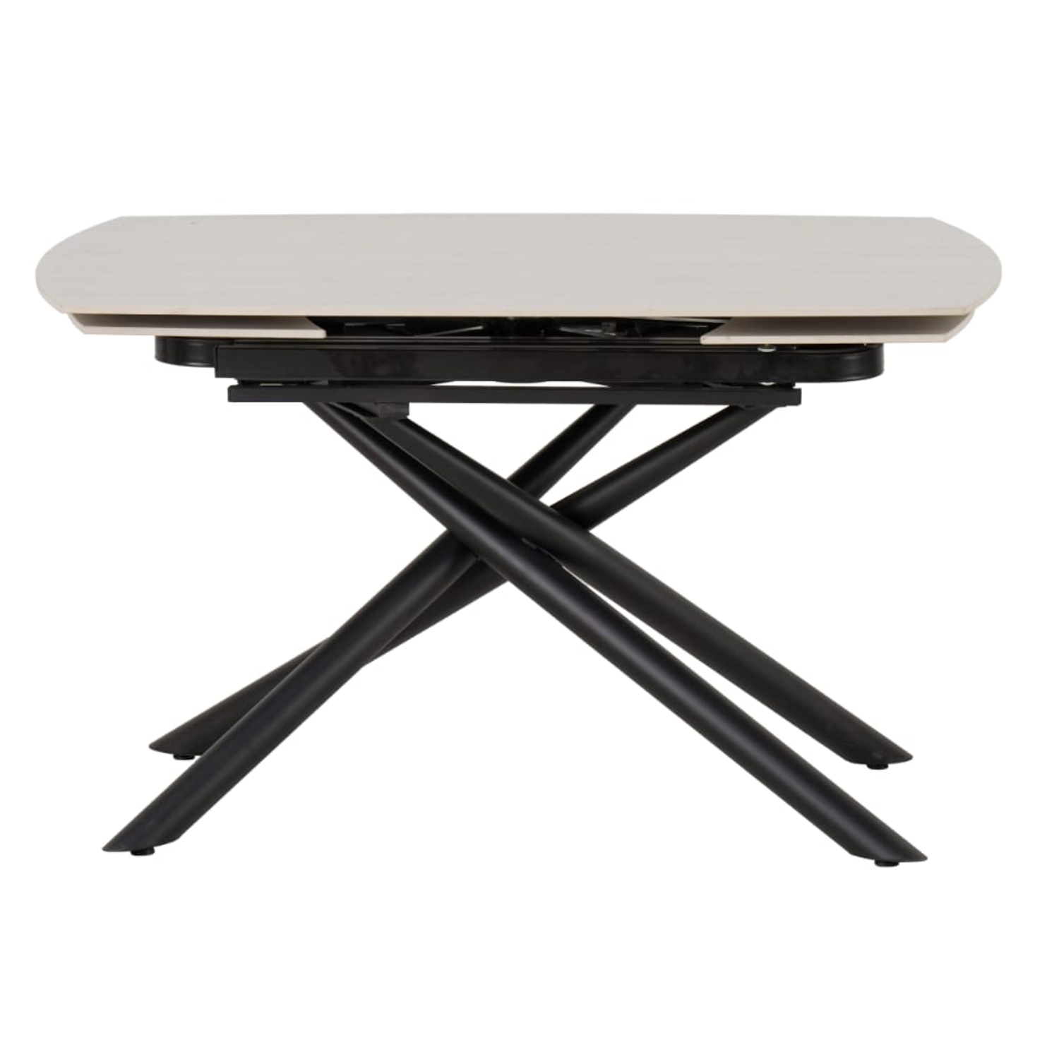 Table à manger extensible  – Plateau céramique travertin mat ou blanc – Pied métal noir –  129/189x89x76 cm