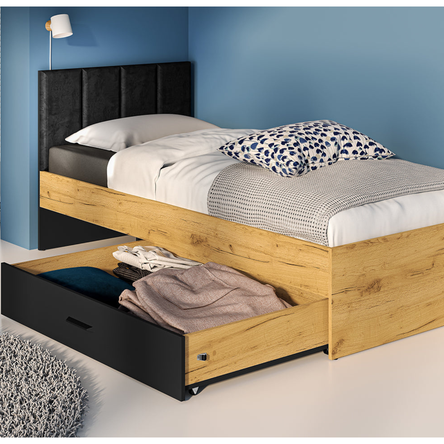 Lit en Chêne Craft Or et Noir avec Tête de Lit en Velours Noir – Design Moderne et Résistant