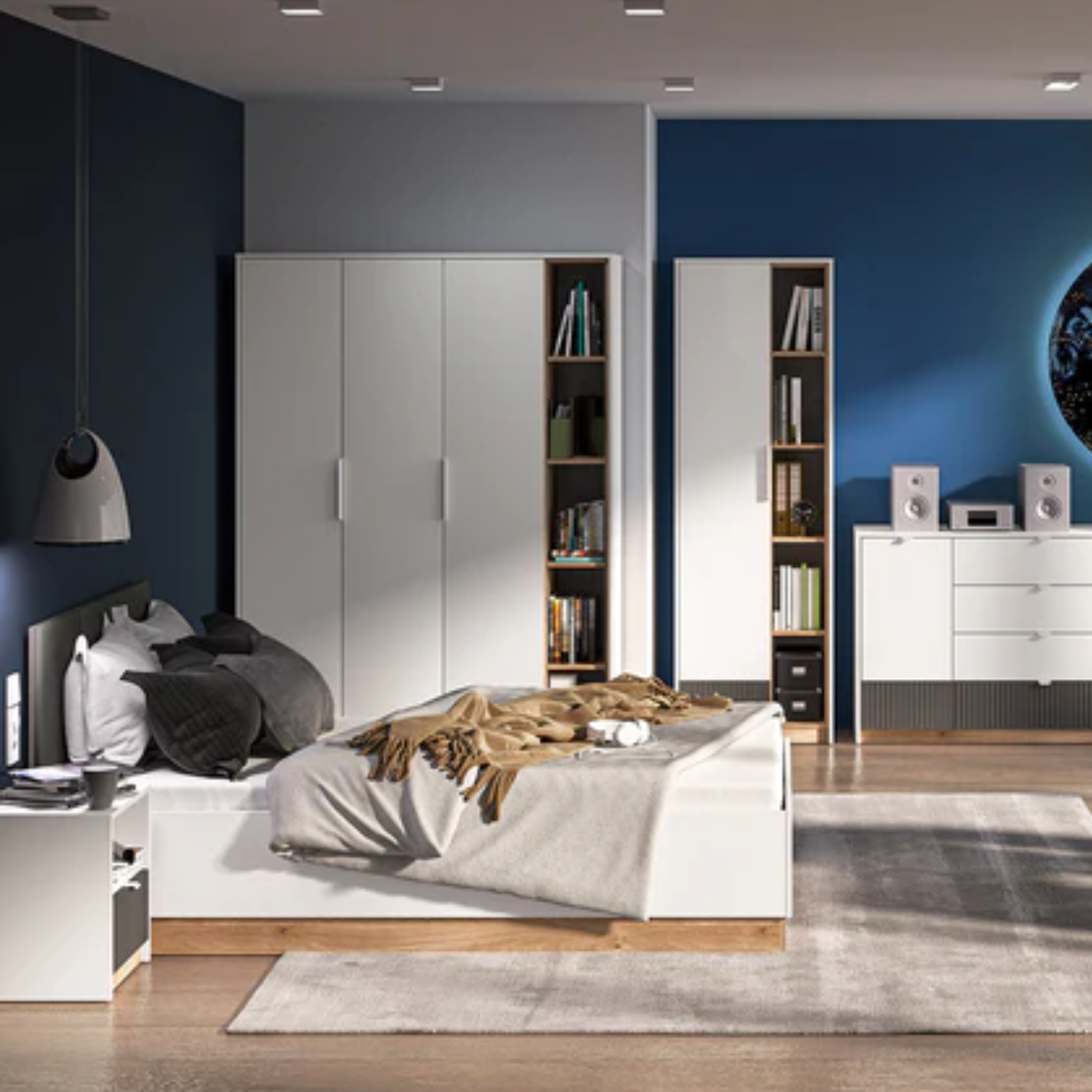 Lit Double Moderne avec Cadre Graphite et Blanc - MDF Haut de Gamme, Résistant aux Rayures et Humidité