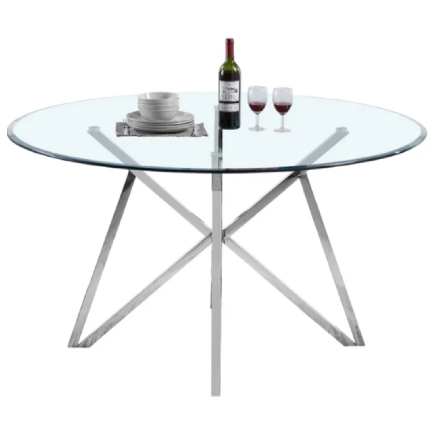Table à manger avec plateau transparent et pieds en acier inoxydable.
