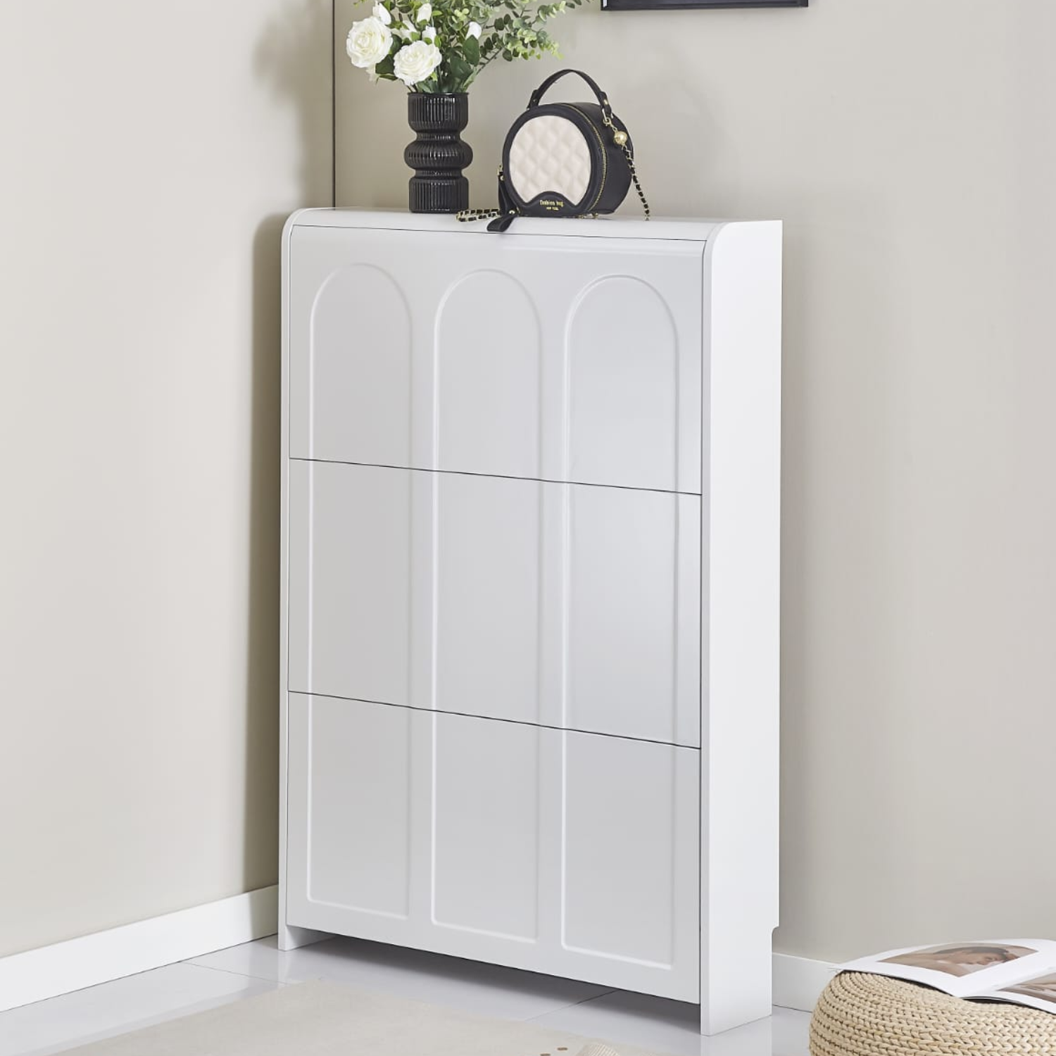 Meuble à chaussures – Blanc, design moderne et compact (112 x 80 x 17 cm)