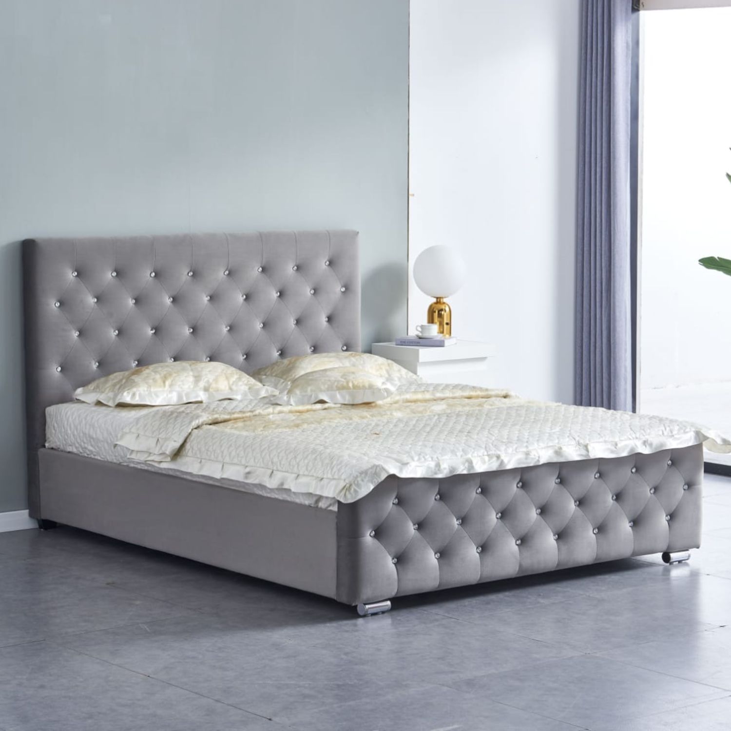 Lit CALINA en velours – Coffre de rangement – 140x200 & 160x200 cm – Noir, Gris, Beige