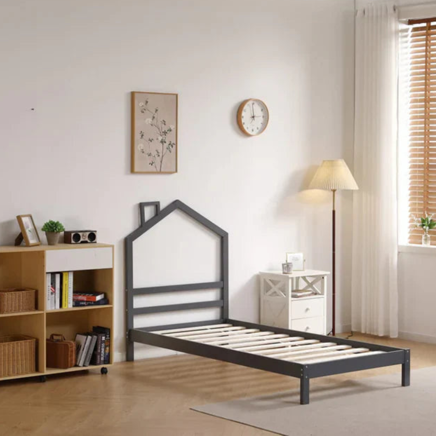 Lit Enfant  – Design Naturel en Bois Blanc et Gris 90x190 cm