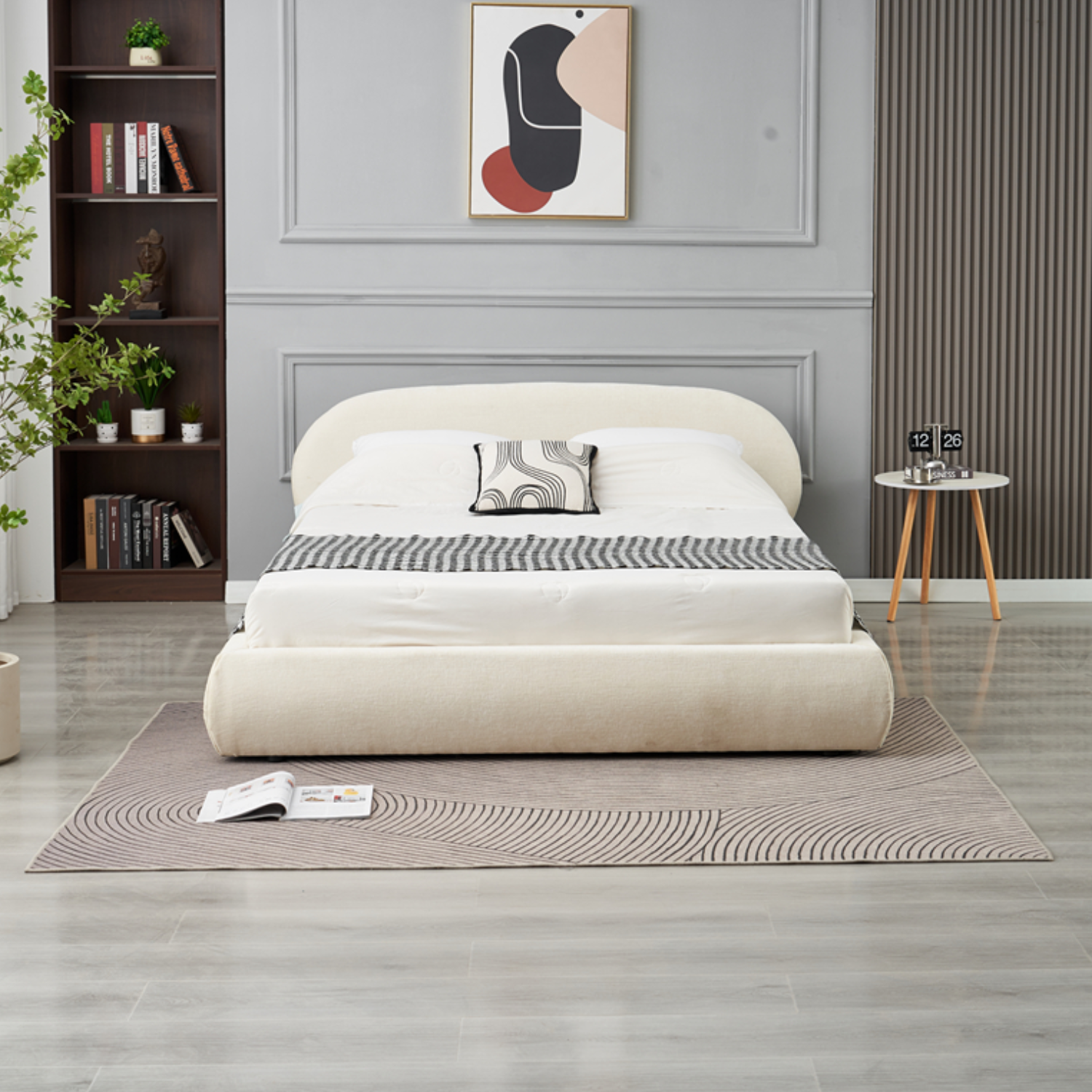 Lit coffre 2 places en Tissu chenille beige – Sommier à lattes avec rangement intégré– 140x190 & 160x200 cm