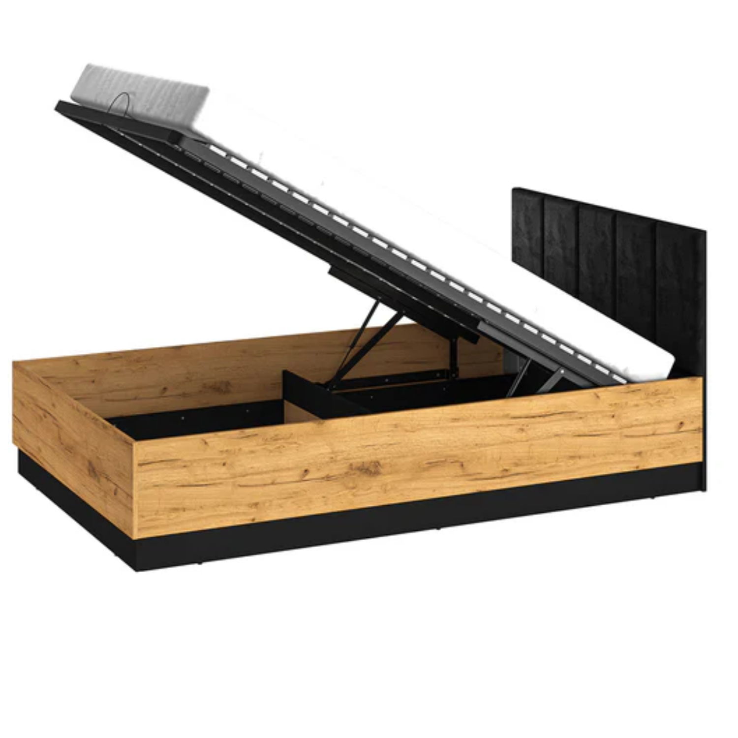 Lit en Chêne Craft Or et Noir avec Appuie-Tête en Velours Noir – Design Élégant et Résistant