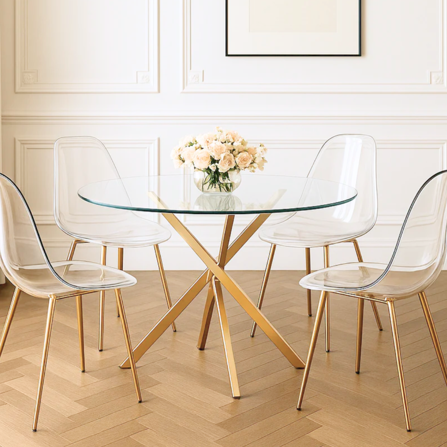 Chaise transparente – Style invisible avec piètement doré ou argenté