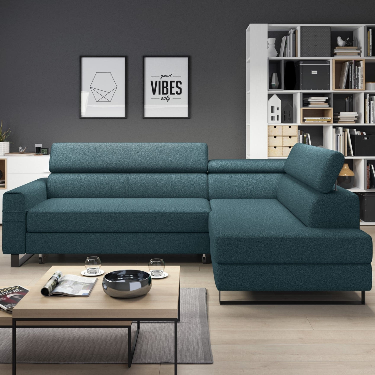 Canapé d'angle moderne avec système DELFIN, fonction lit et appuis-tête mobiles