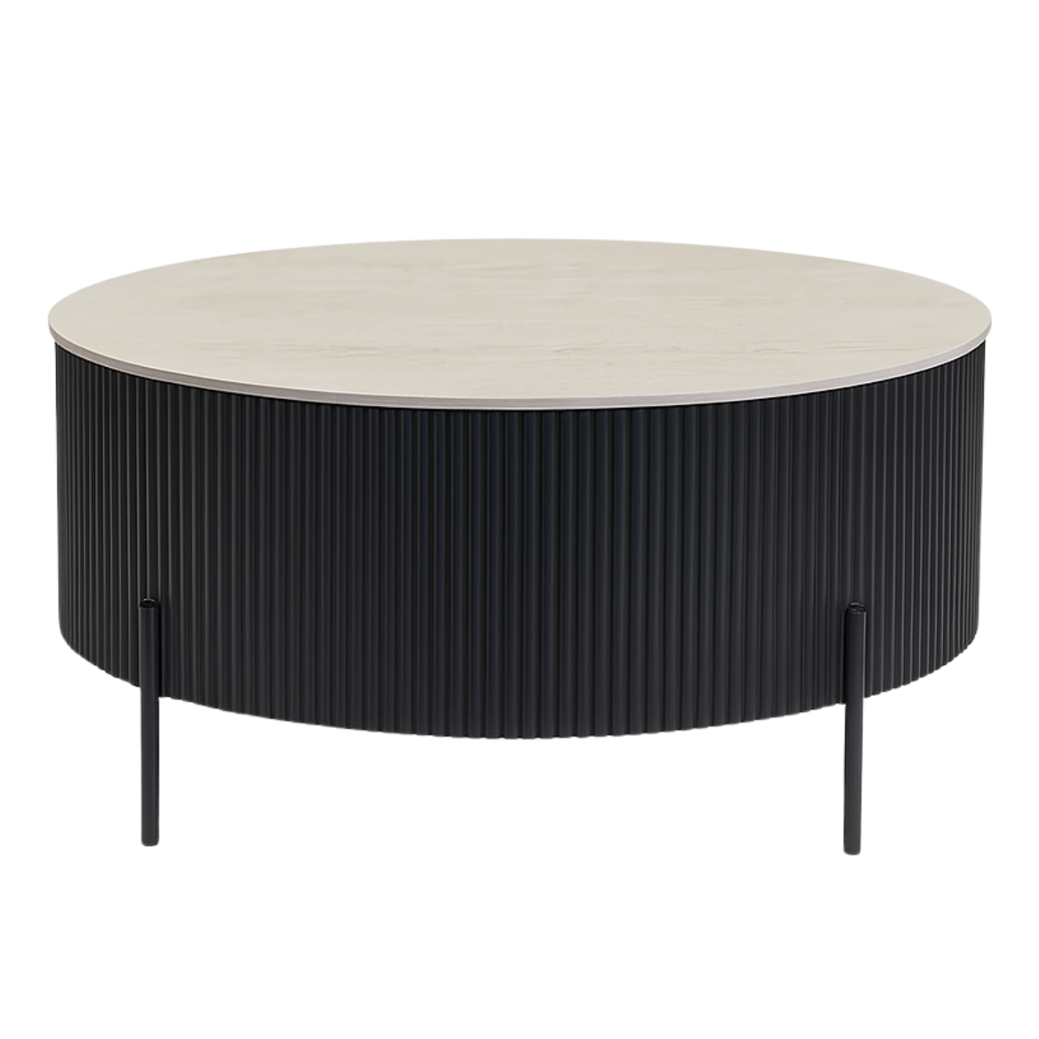 Table basse – Céramique effet travertin mat, pieds noir ou beige, Ø 80 à 100 cm