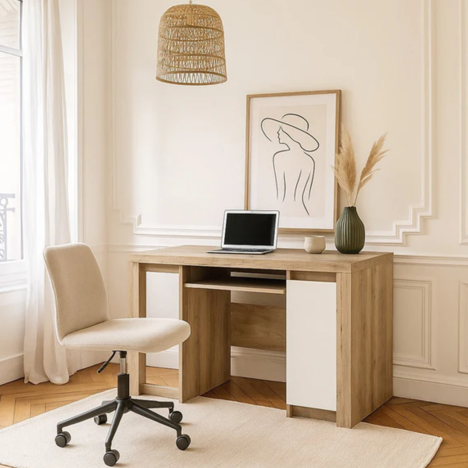 Bureau – Design moderne avec façades blanches brillantes, armoires et étagères intégrées