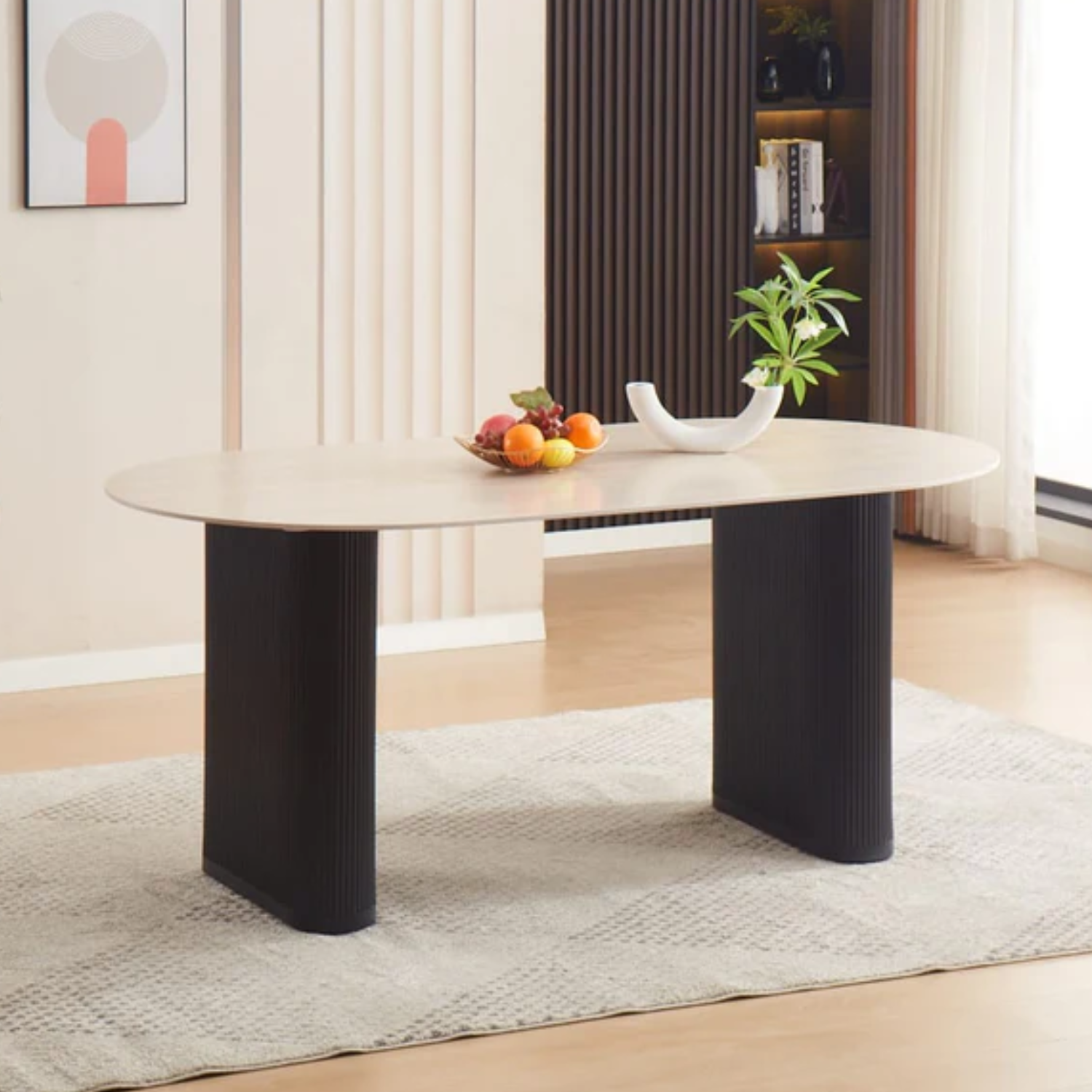 Table à manger - Plateau en céramique Travertin ou Marbre blanc, Pieds métalliques noirs ou beiges, 180x90cm