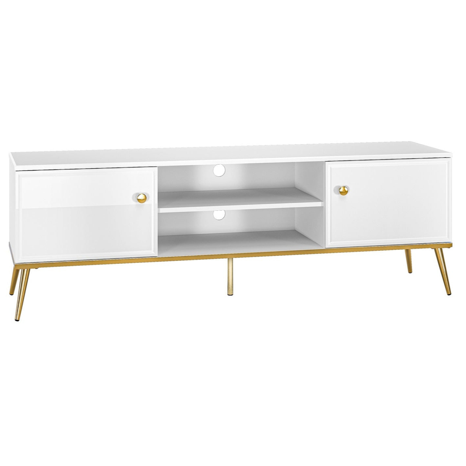 Meuble TV en Bois Blanc Laqué Brillant avec pieds dorés