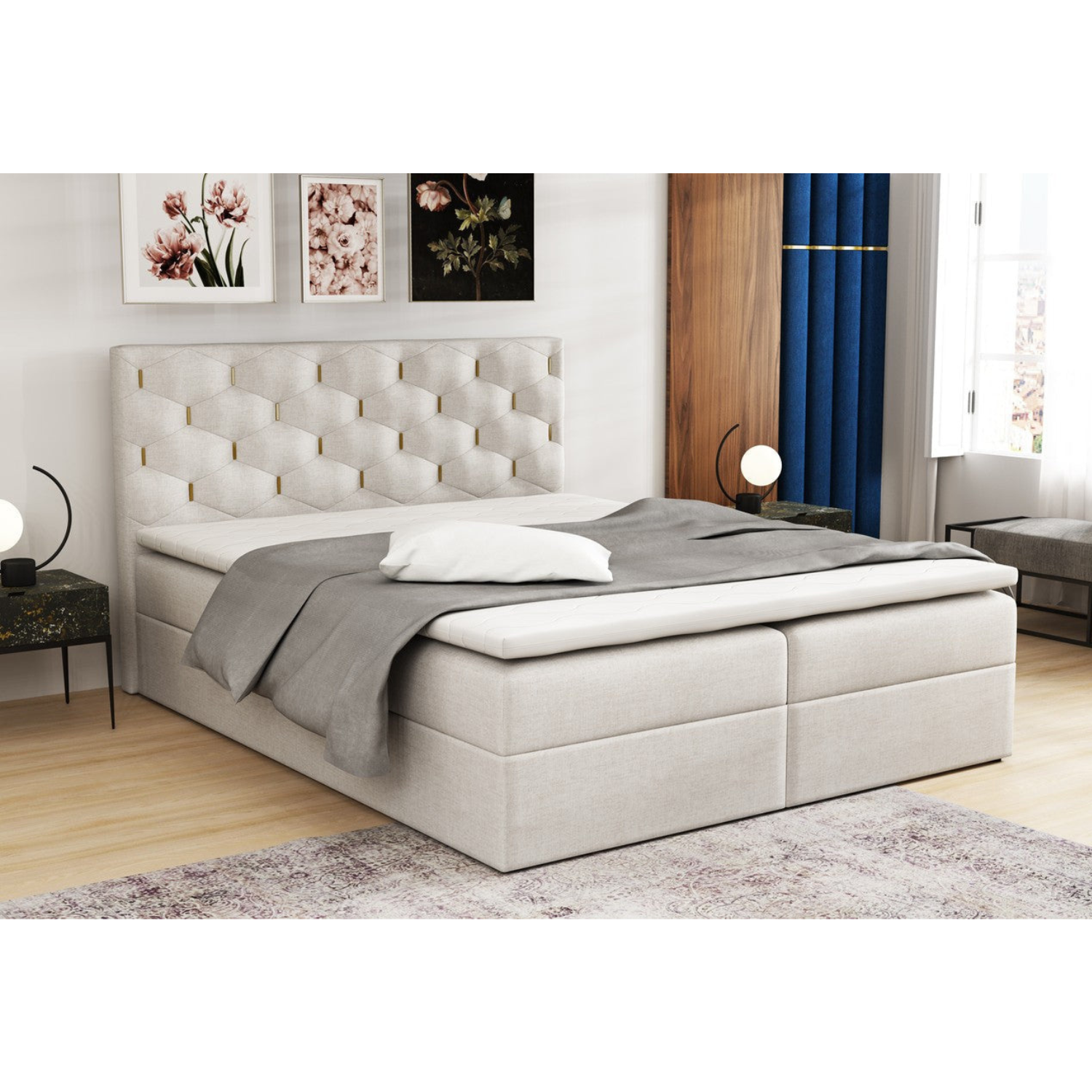 Lit coffre velours  continental 160x200 cm – Confort supérieur avec rangement intégré