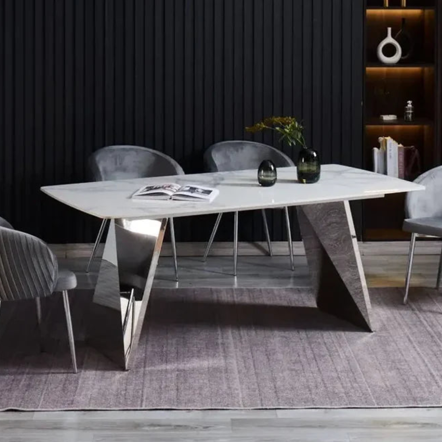 Table à manger Meva 180x90 cm – Plateau céramique effet marbre blanc & pieds métal doré ou argenté
