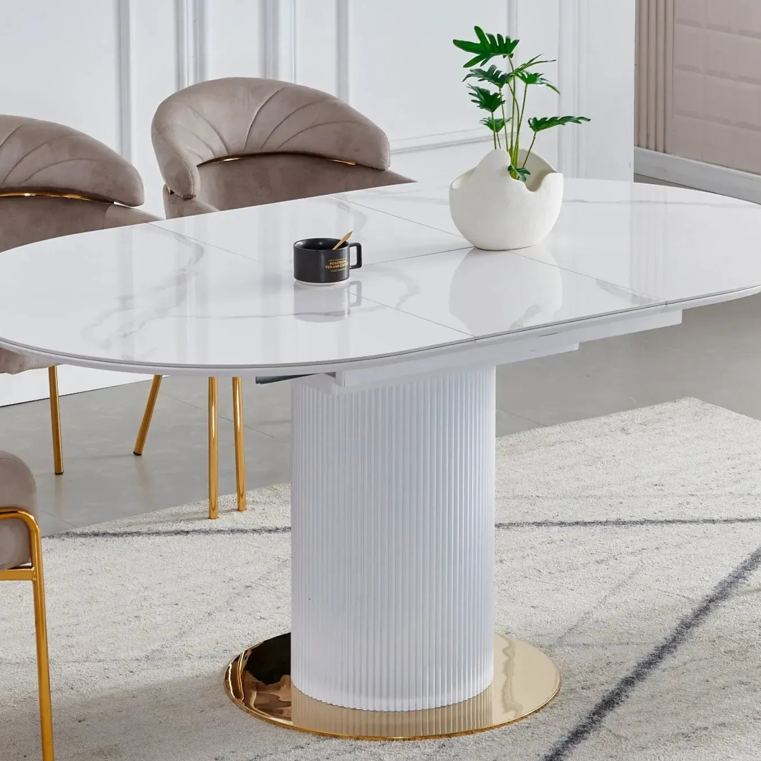 Table à Manger Extensible avec Rallonge en Céramique et Piètement en Bois Laqué et Inox