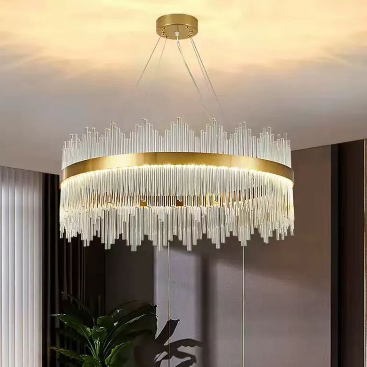 LUSTRE EN VERRE AVEC CADRE ROND AVEC CABLES REGLABLES 70x60x33cm