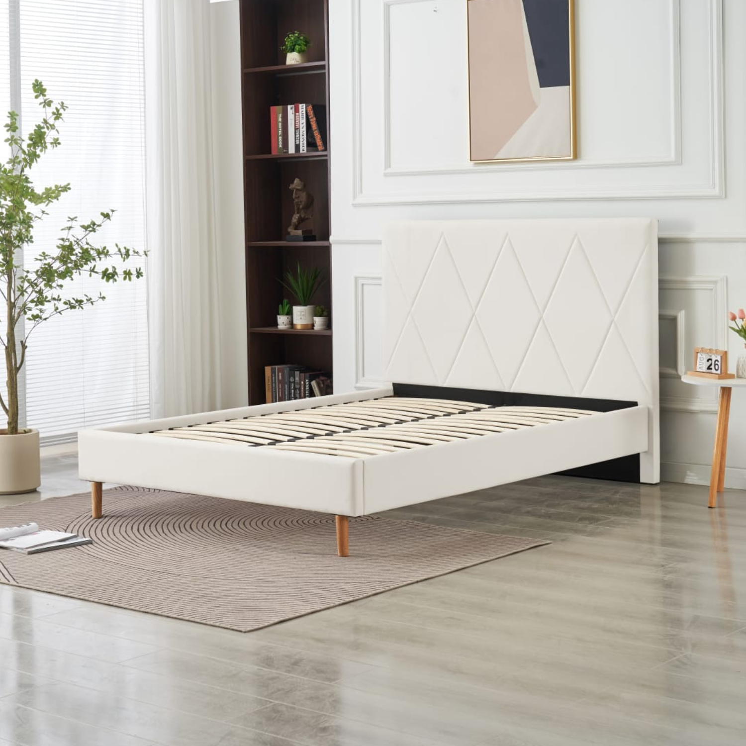 Lit Simple Pied Bois en Similicuir – Blanc, Beige, Noir, Gris – 90x190, 140x190, 160x200 cm