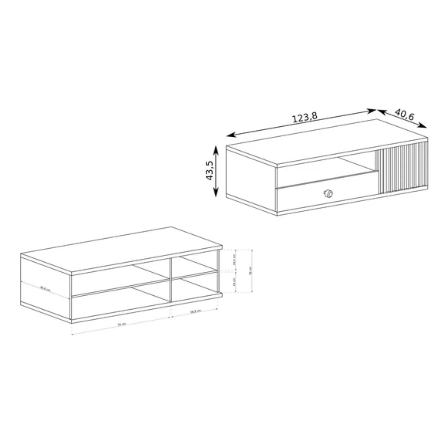 Meuble tv innovant avec tiroir central et armoire, design moderne avec façade noire à lattes et finition Artisan naturelle