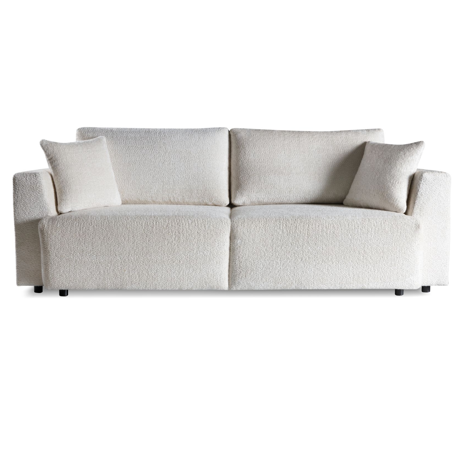 Canapé convertible avec coffre, coussins amovibles et revêtement en tissu bouclé