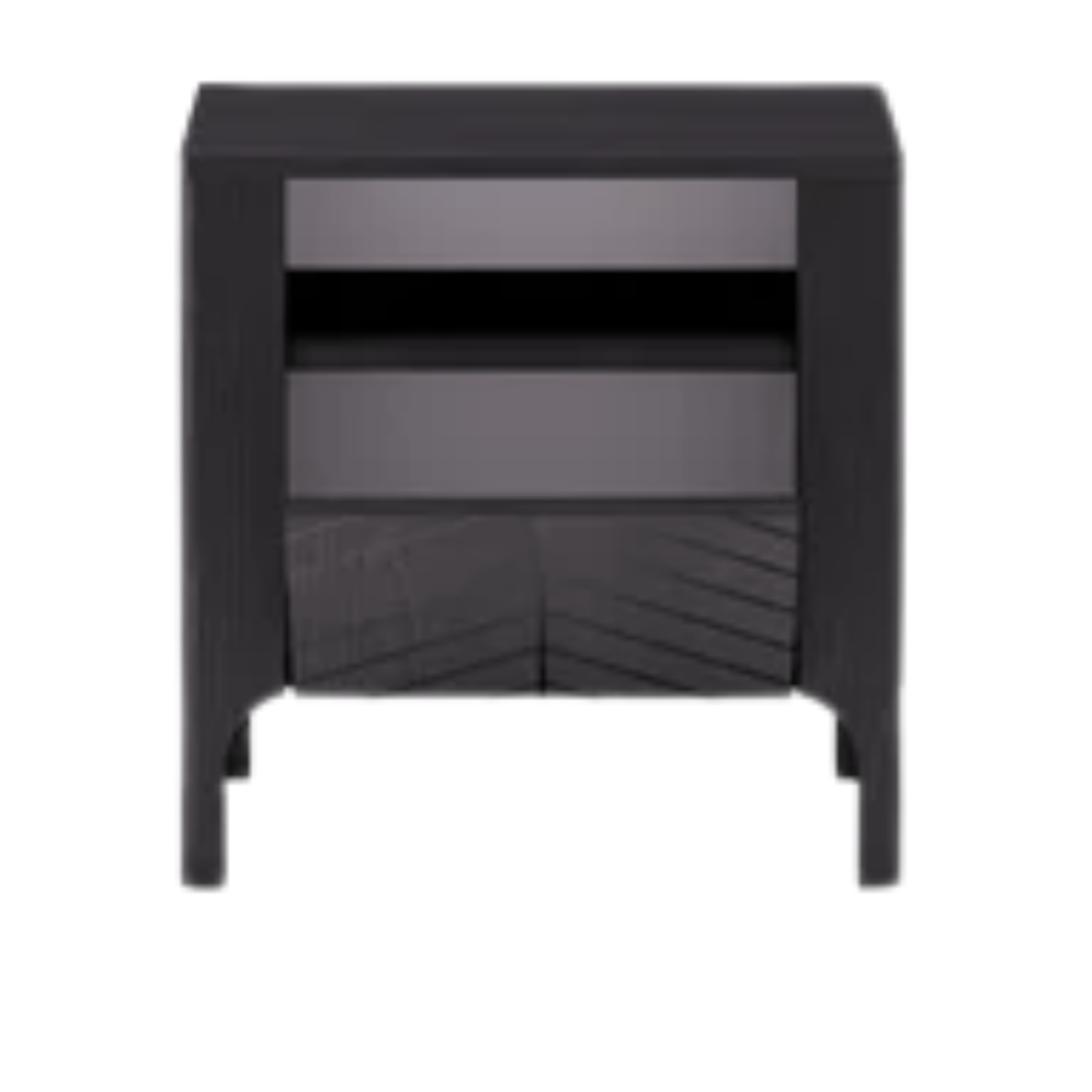 Table de chevet moderne RIVANO – Bois noir mat avec motif chevrons – 1 porte + étagère