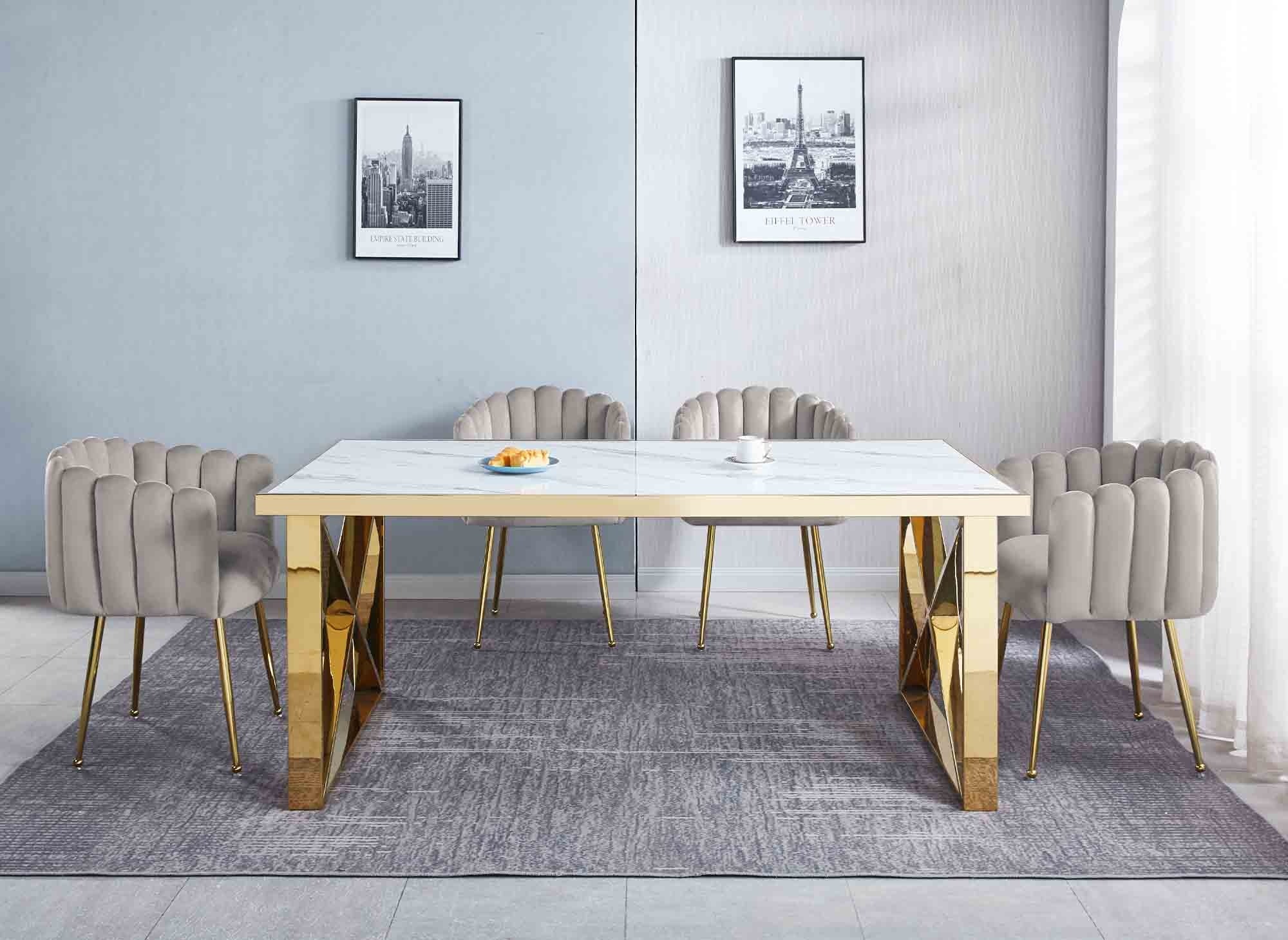 Ensemble de table  à Manger en Marbre Blanc et 4 Chaises en Velours Beige