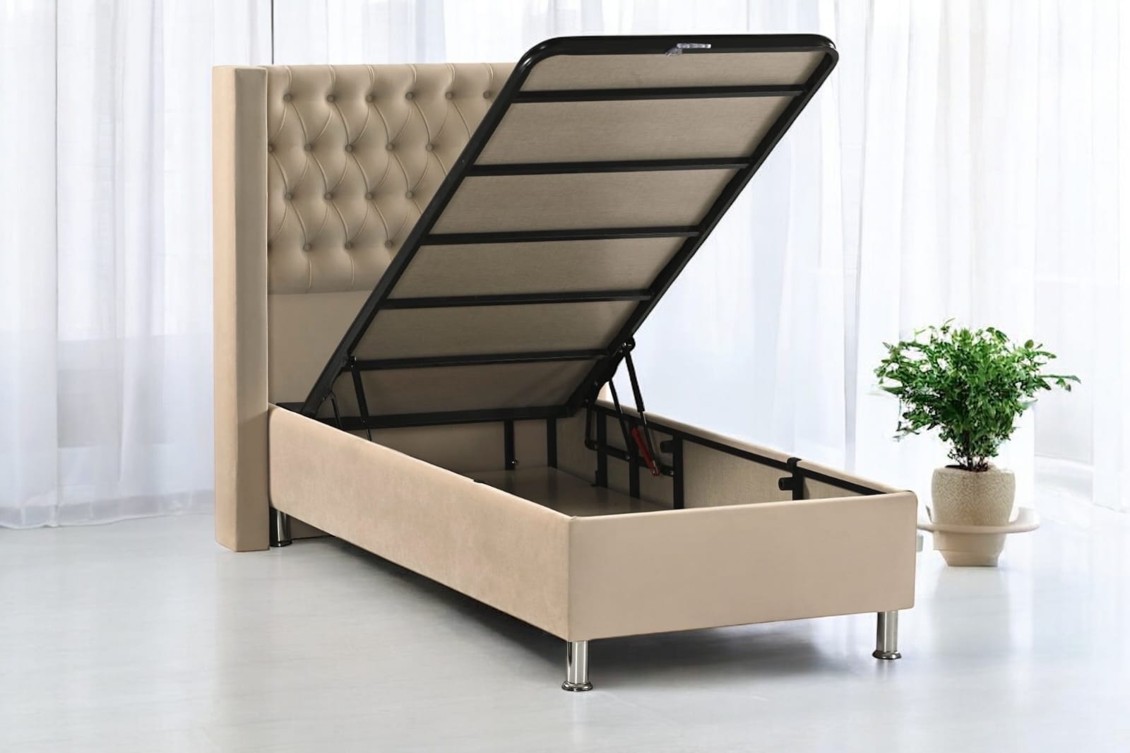 Lit Coffre 90x190 en Velours – Tête Capitonnée et Rangement Intégré, Beige ou Gris - Decora Home