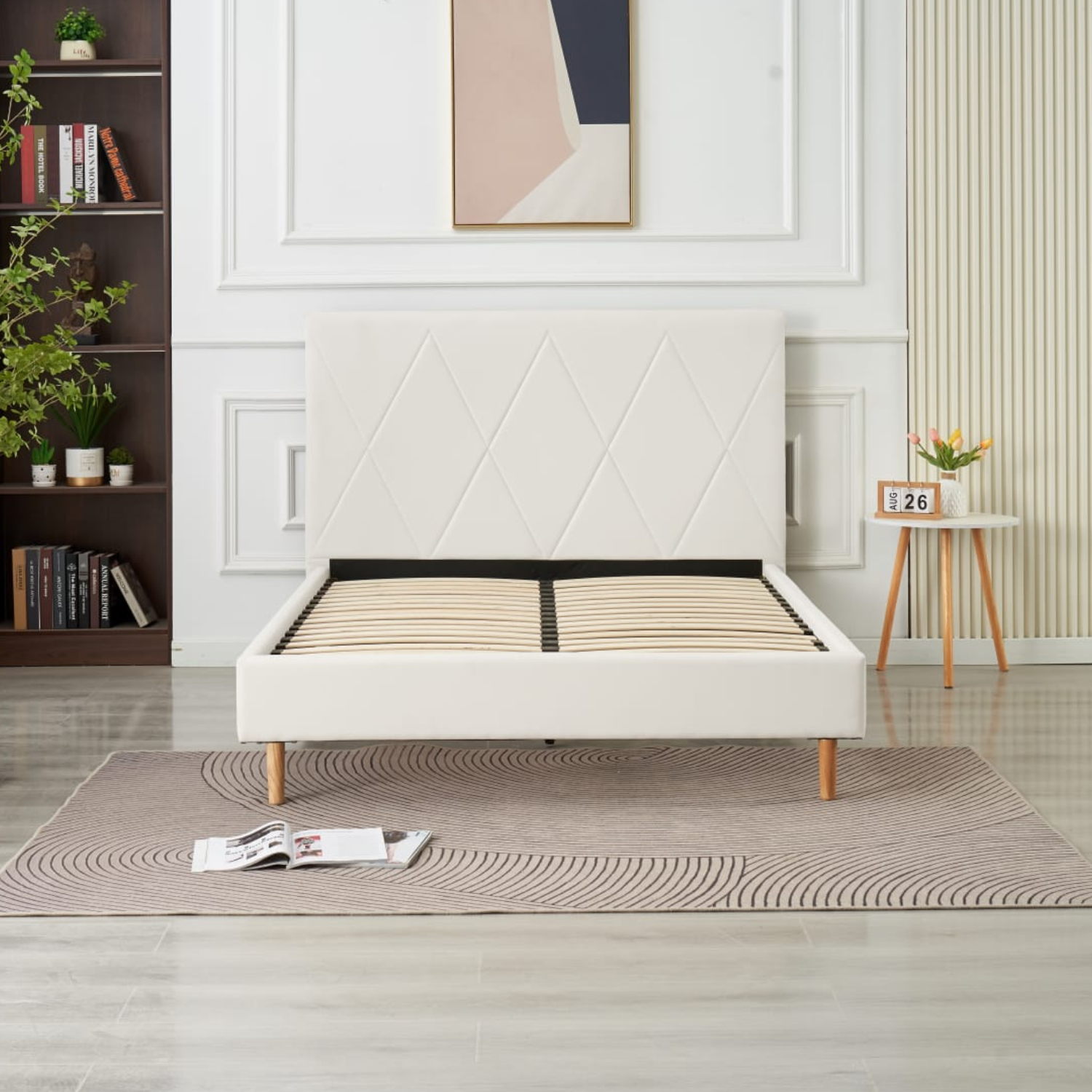 Lit Simple Pied Bois en Similicuir – Blanc, Beige, Noir, Gris – 90x190, 140x190, 160x200 cm