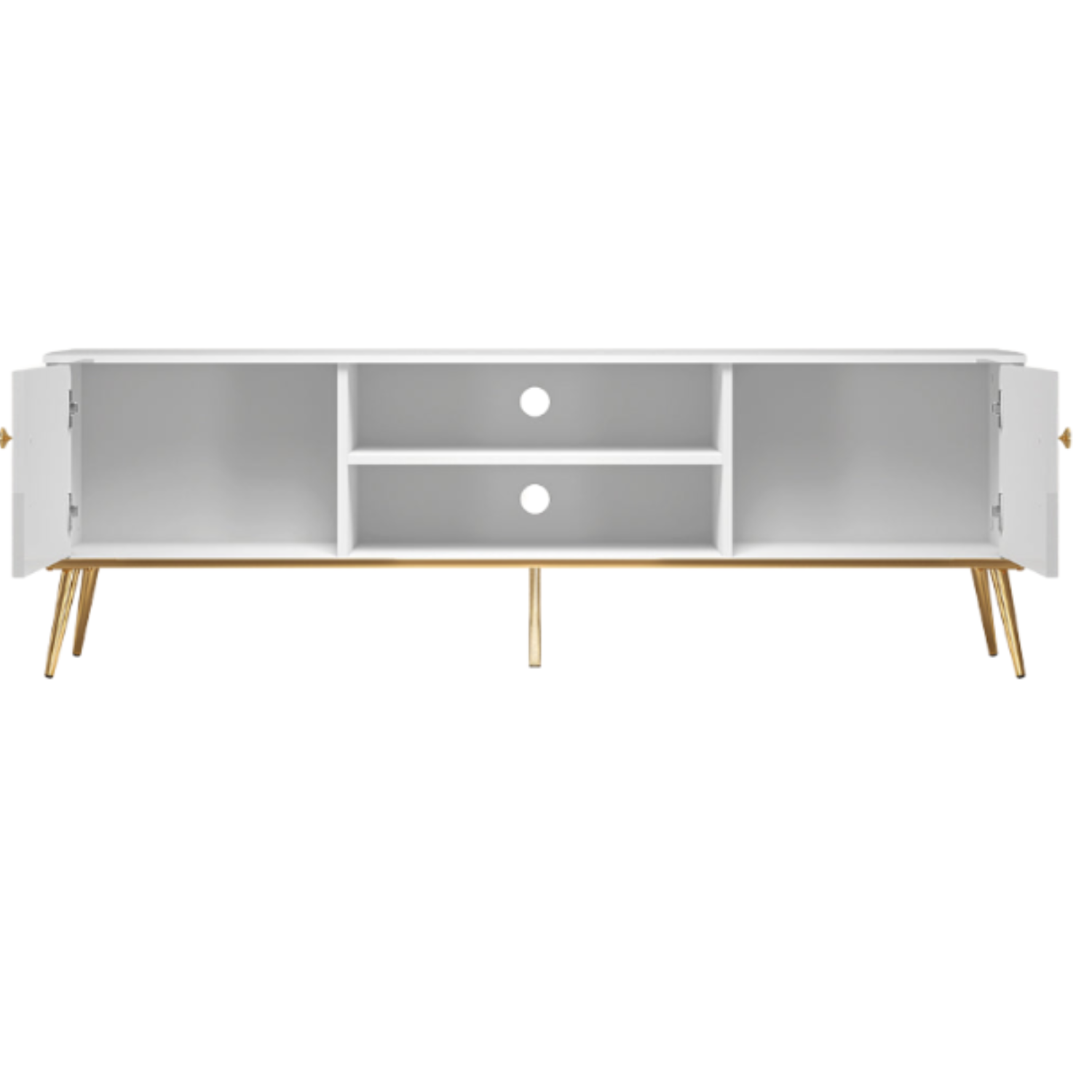 Meuble TV en Bois Blanc Laqué Brillant avec pieds dorés