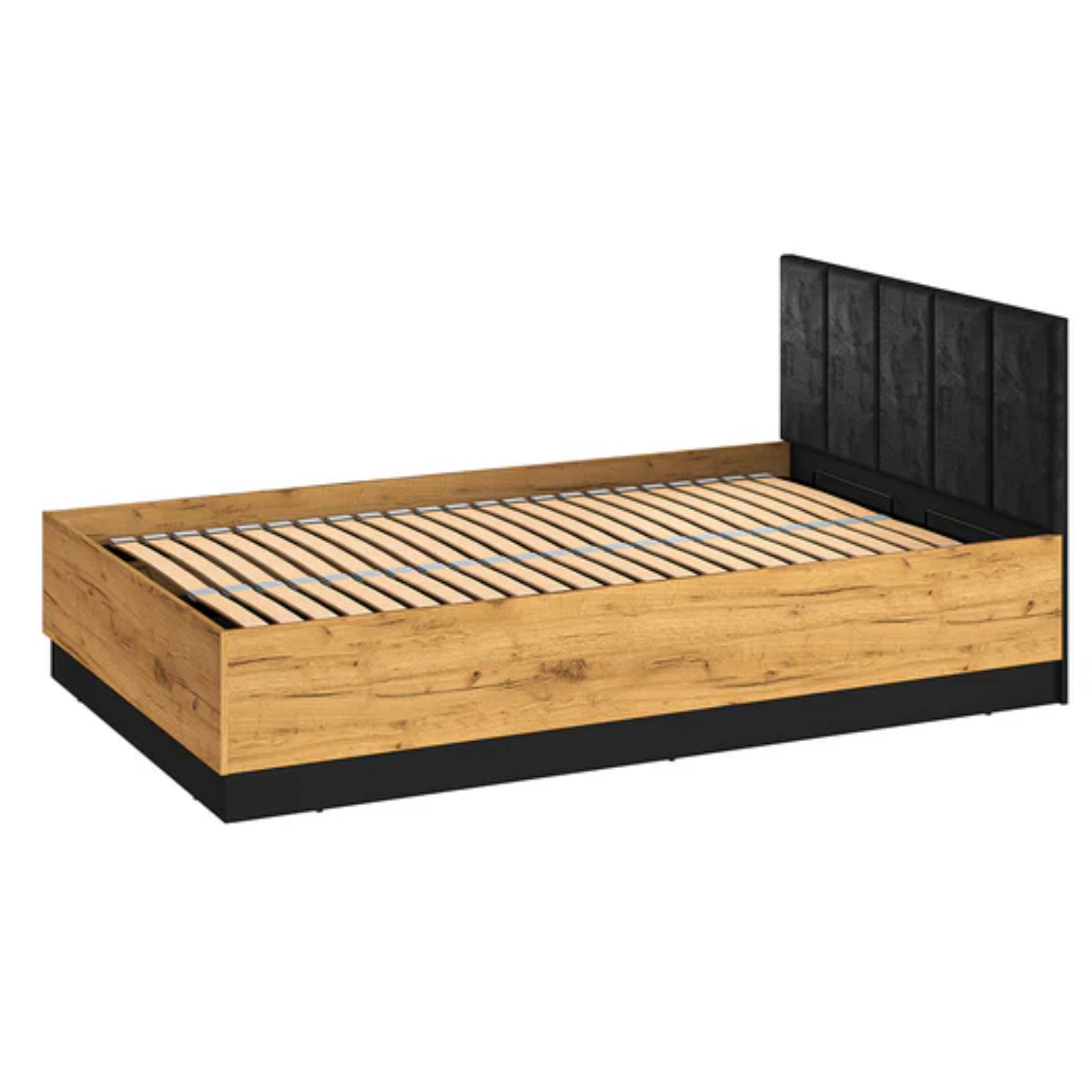 Lit en Chêne Craft Or et Noir avec Appuie-Tête en Velours Noir – Design Élégant et Résistant