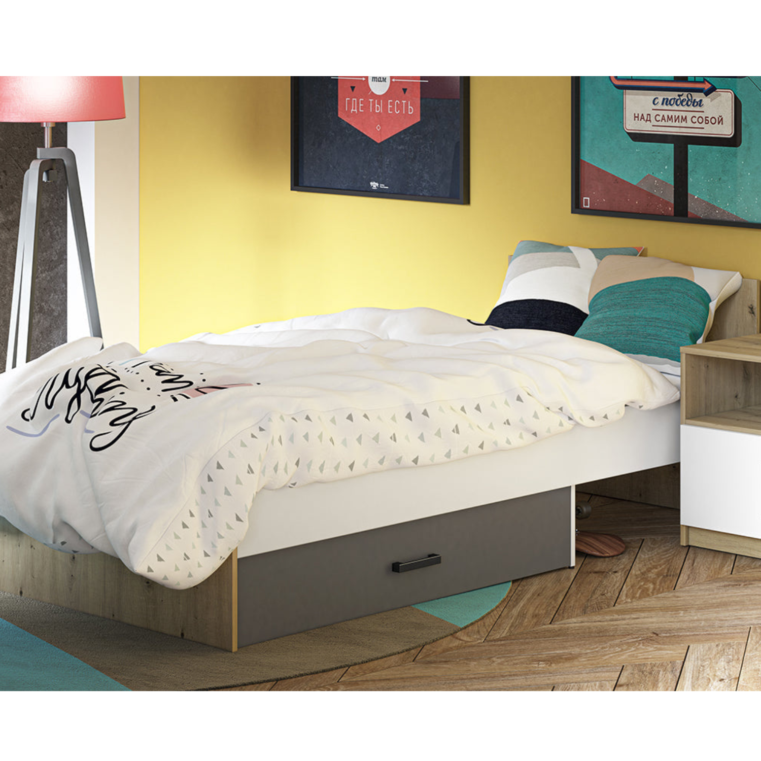 Lit Contemporain avec Structure en Bois et Métal - Confort et Élégance