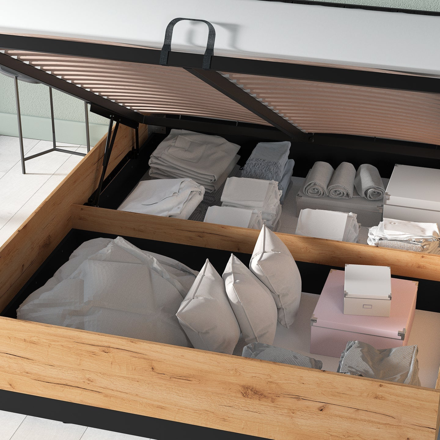 Lit en Chêne Craft Or + Noir avec Appuie-tête en Velours Noir – Design Élégant et Résistant