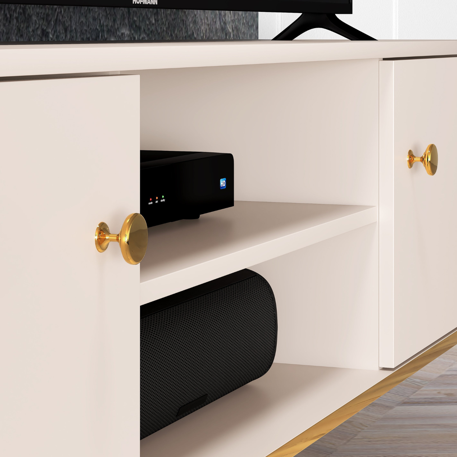 Meuble TV  – Cachemire élégant – 2 niches fermées et étagères ouvertes – Pieds dorés hauts