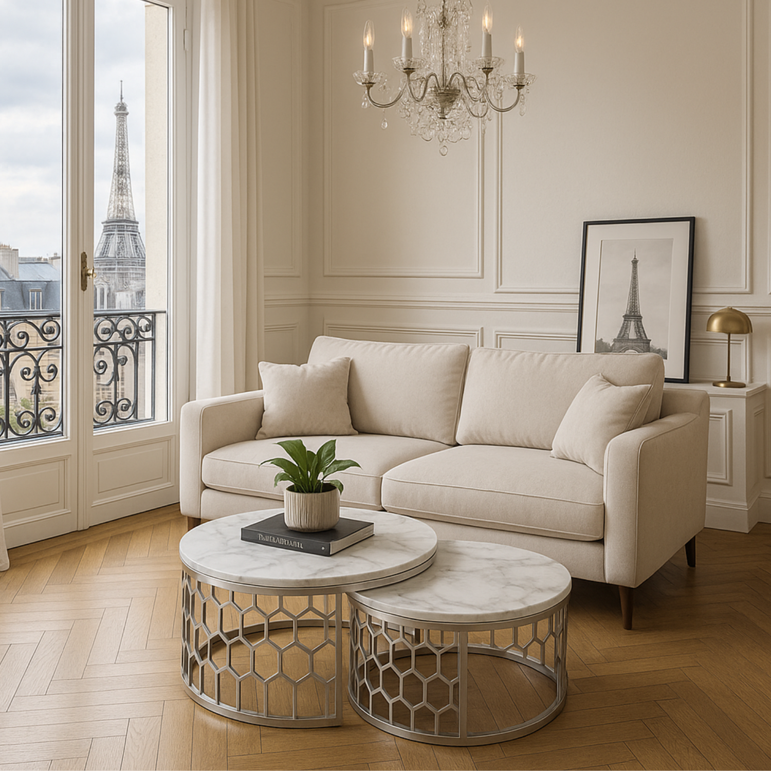 Table basse avec plateau  marbre et pieds en acier inoxydable poli