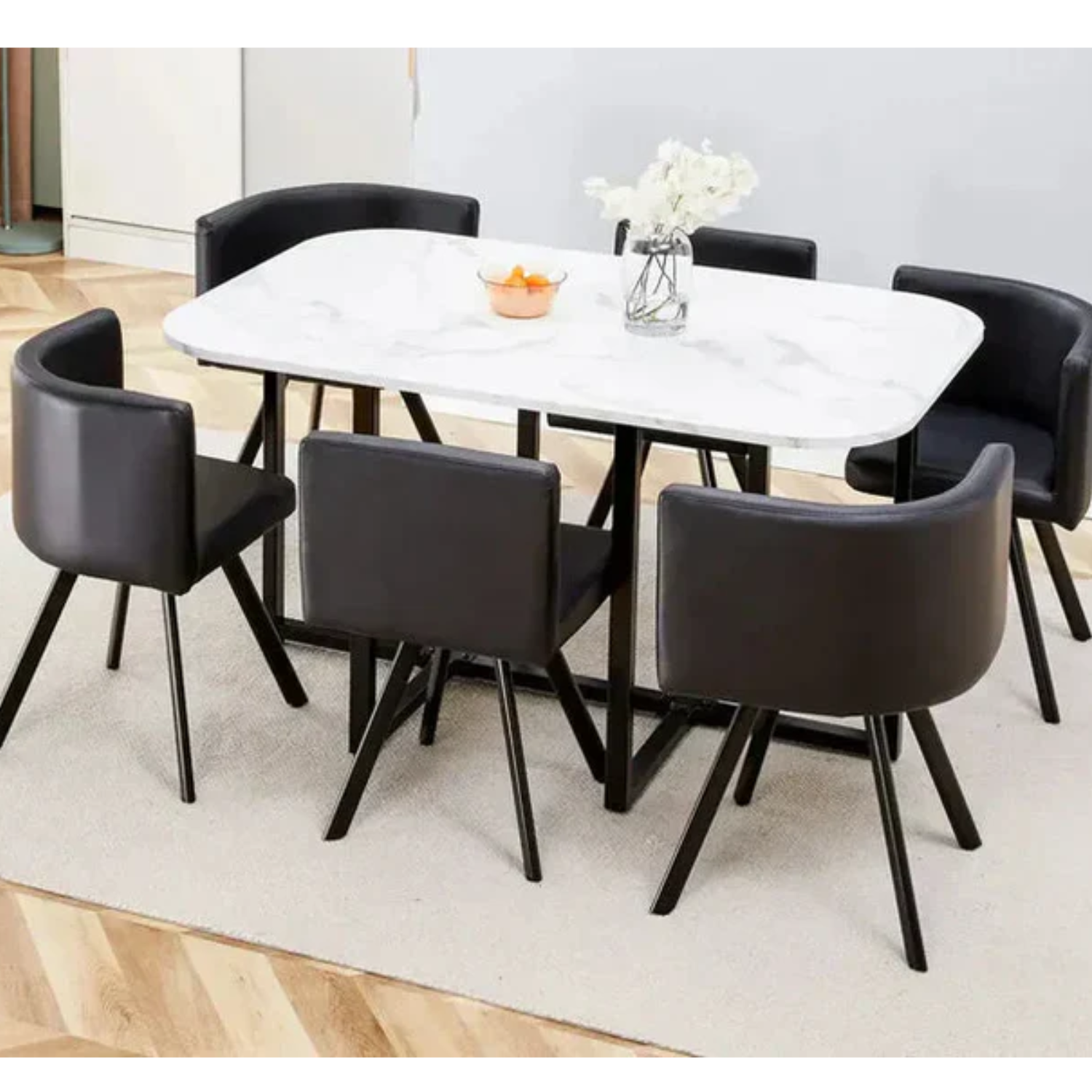 Ensemble Table à Manger avec Plateau Bois ou Marbre et Chaises Velours/Similicuir