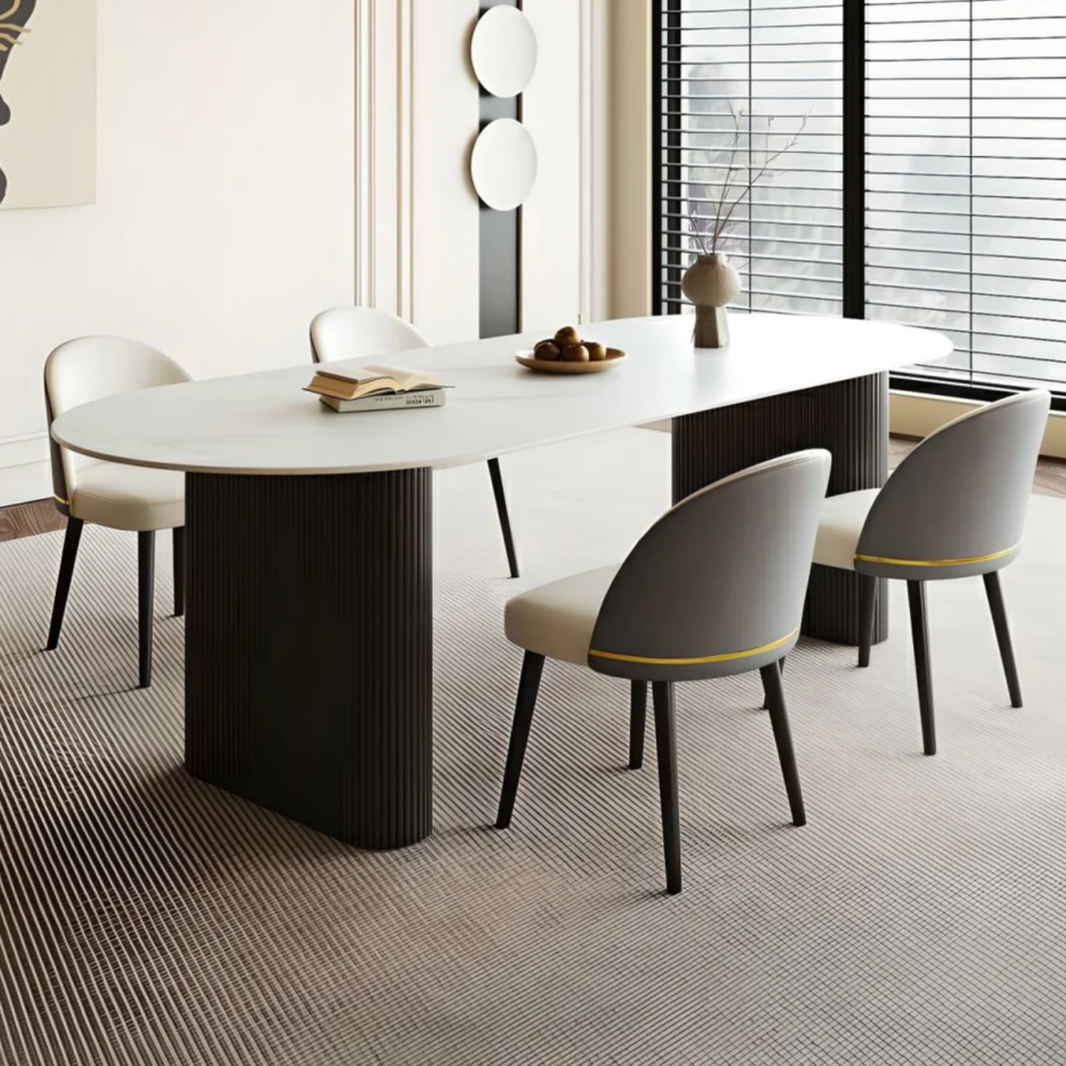 Table à manger avec plateau en céramique effet marbre blanc ou travertin mat, piètement en métal noir – 180 x 90 cm