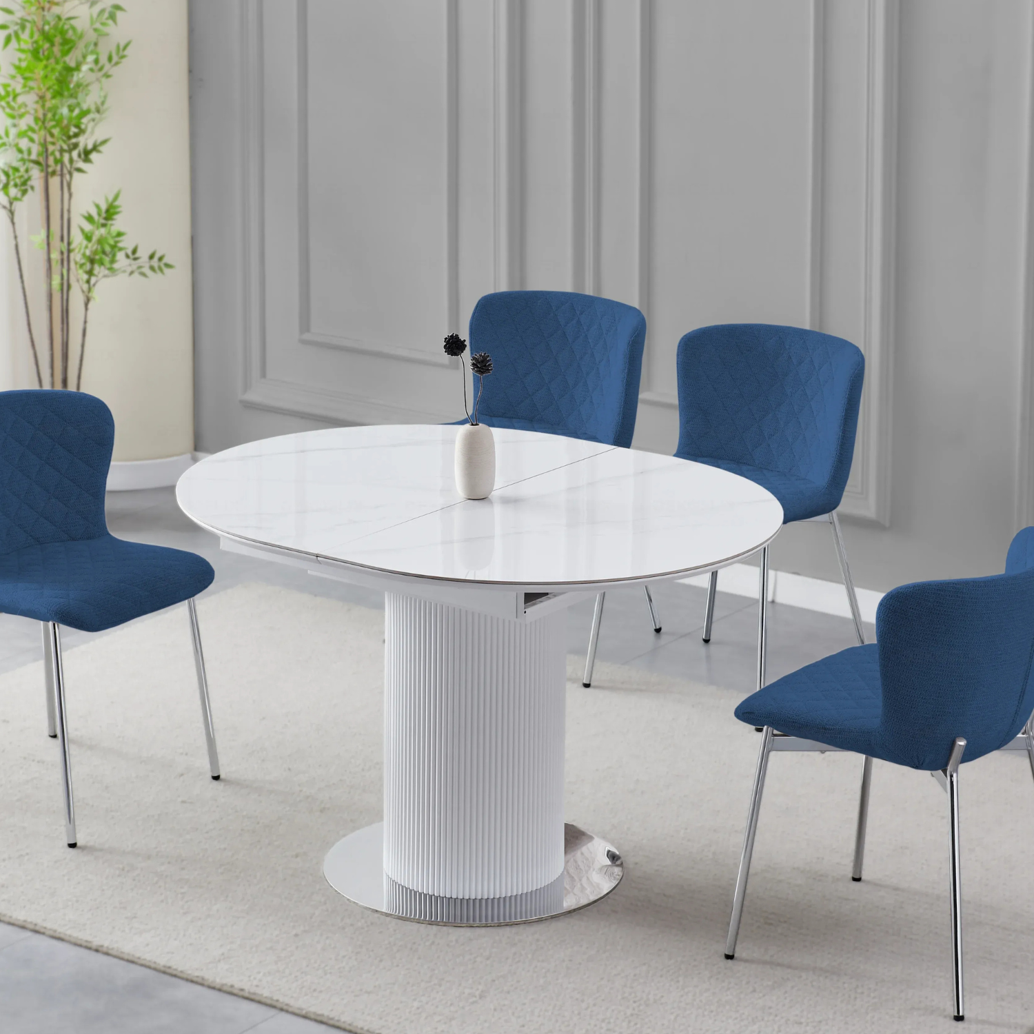 Table à Manger Extensible avec Rallonge en Céramique et Piètement en Bois Laqué et Inox