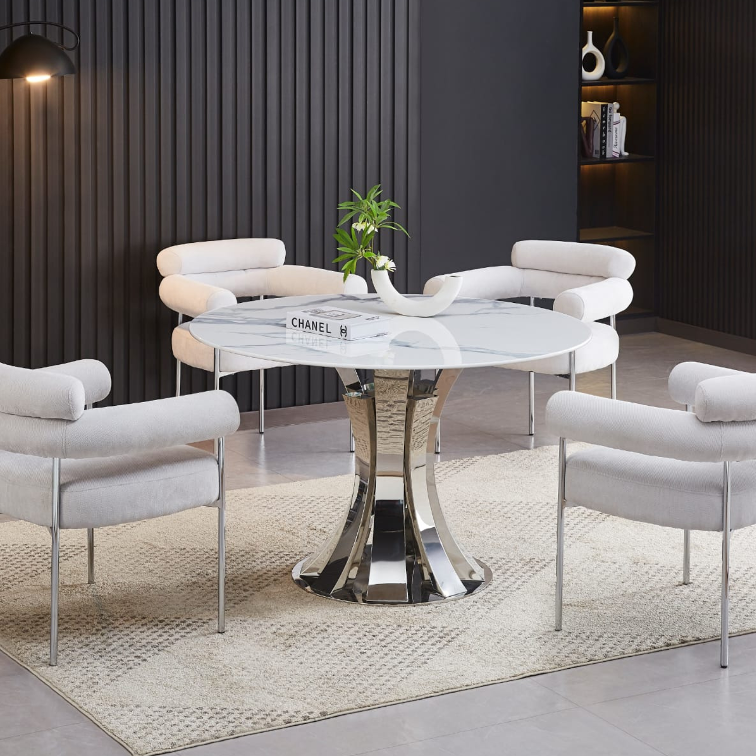 Ensemble de table à manger  Ronde marie  Céramique Marbre Blanc et 4 chaises en Velours Beige avec Pieds argenté