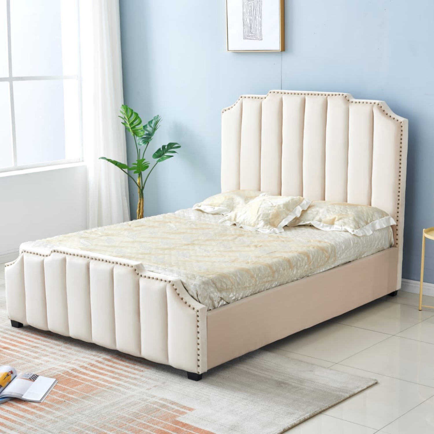 Lit capitonné en ligne revêtement en velours et sommier à latte en bois-160x200 cm