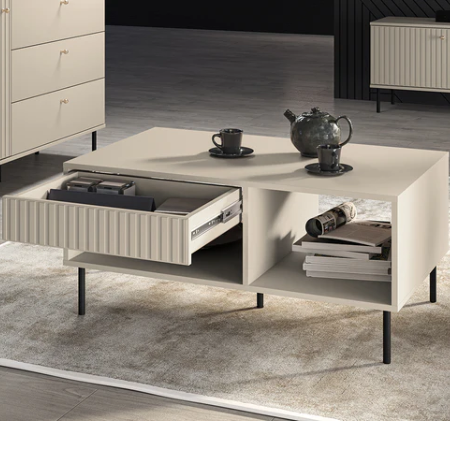 Table Basse Sofina couleur Cachemire avec Tiroir et Étageres Ouvertes