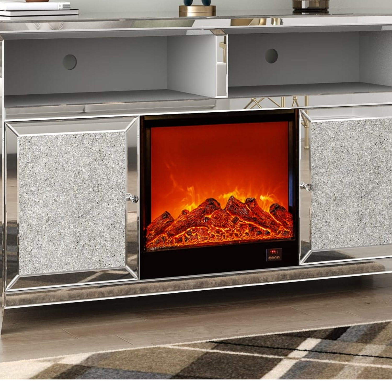 Meuble TV cheminée ARION 146x40x85 cm – MDF miroir, Cheminée intégrée, Rangement pratique