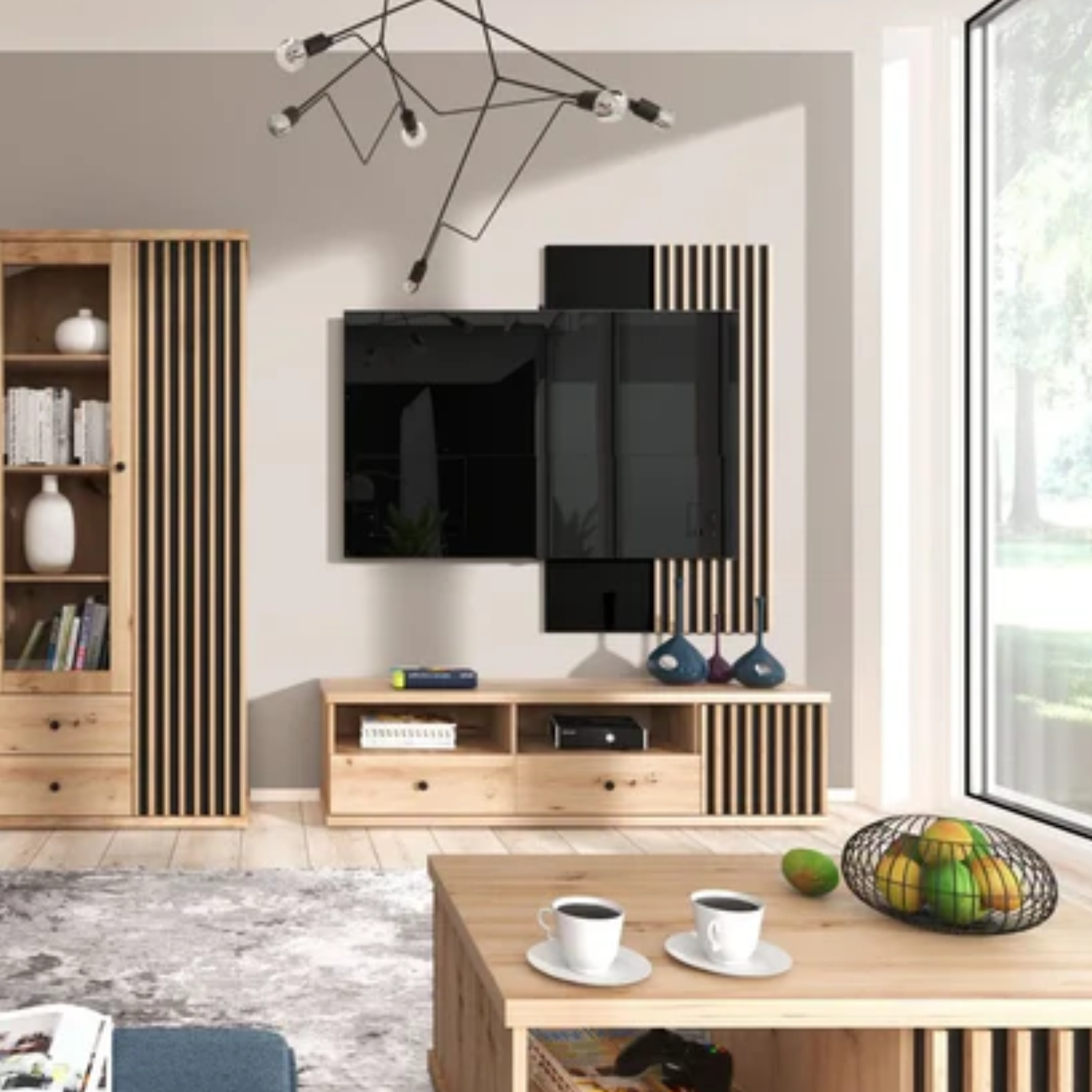 Meuble tv innovant avec tiroir central et armoire, design moderne avec façade noire à lattes et finition Artisan naturelle