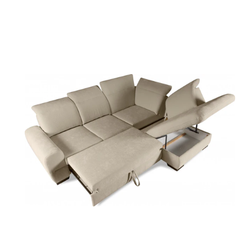 Canapé d’angle convertible en velours beige avec fonction lit et coffre intégré