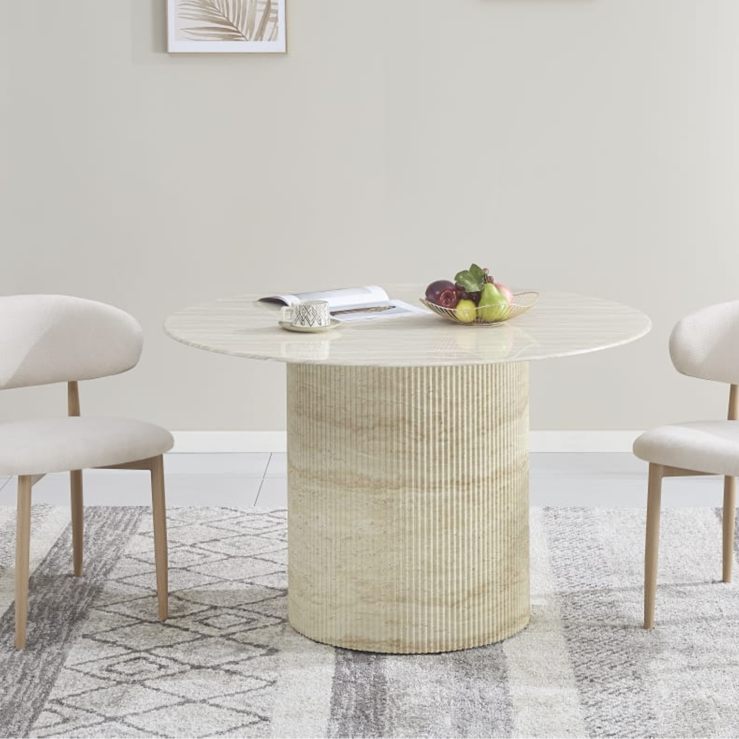 Table à manger ronde plateau travertin céramique brillant