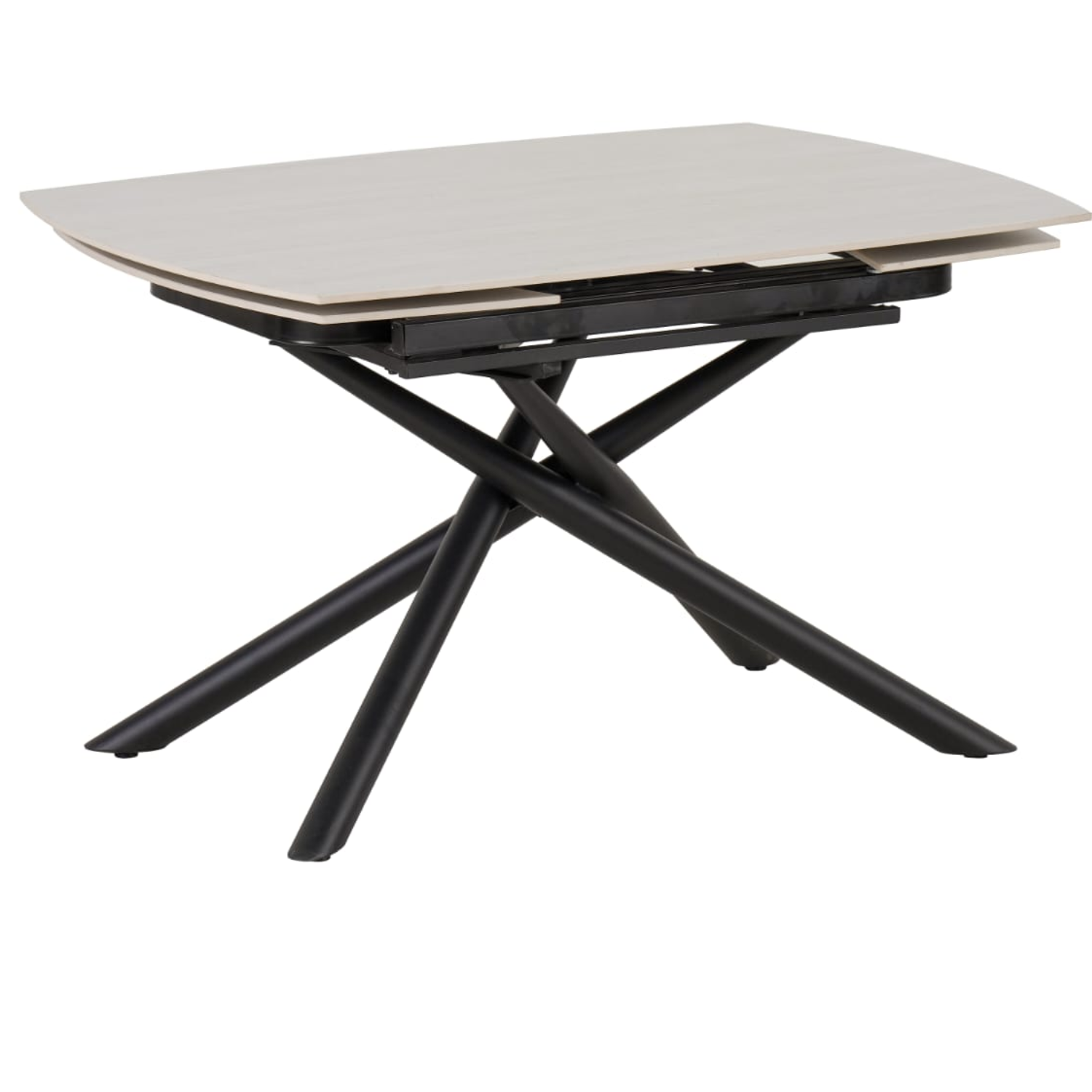 Table à manger extensible  – Plateau céramique travertin mat ou blanc – Pied métal noir –  129/189x89x76 cm