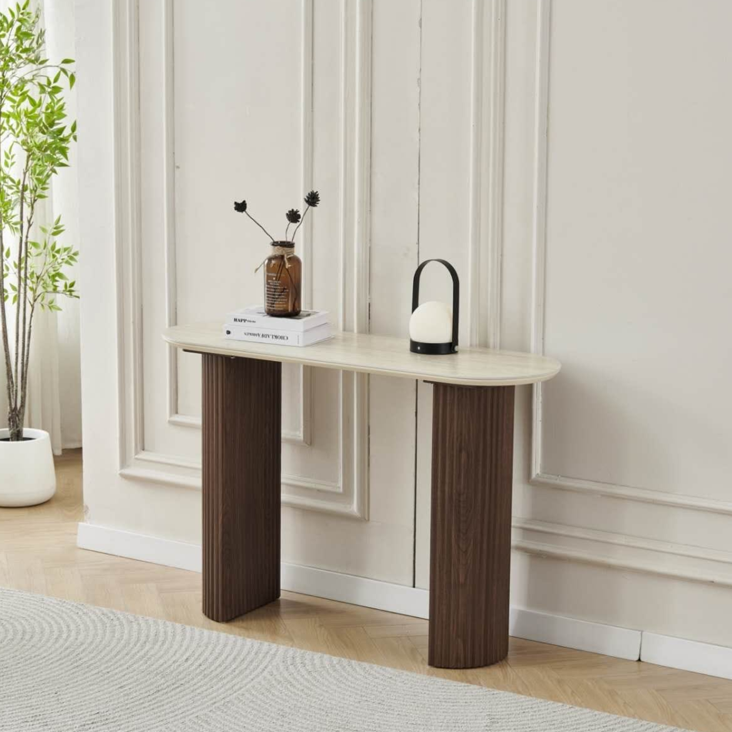 Console 120x40x80 cm – Plateau en céramique, Piétement MDF Travertin ou Noyer, Design Moderne