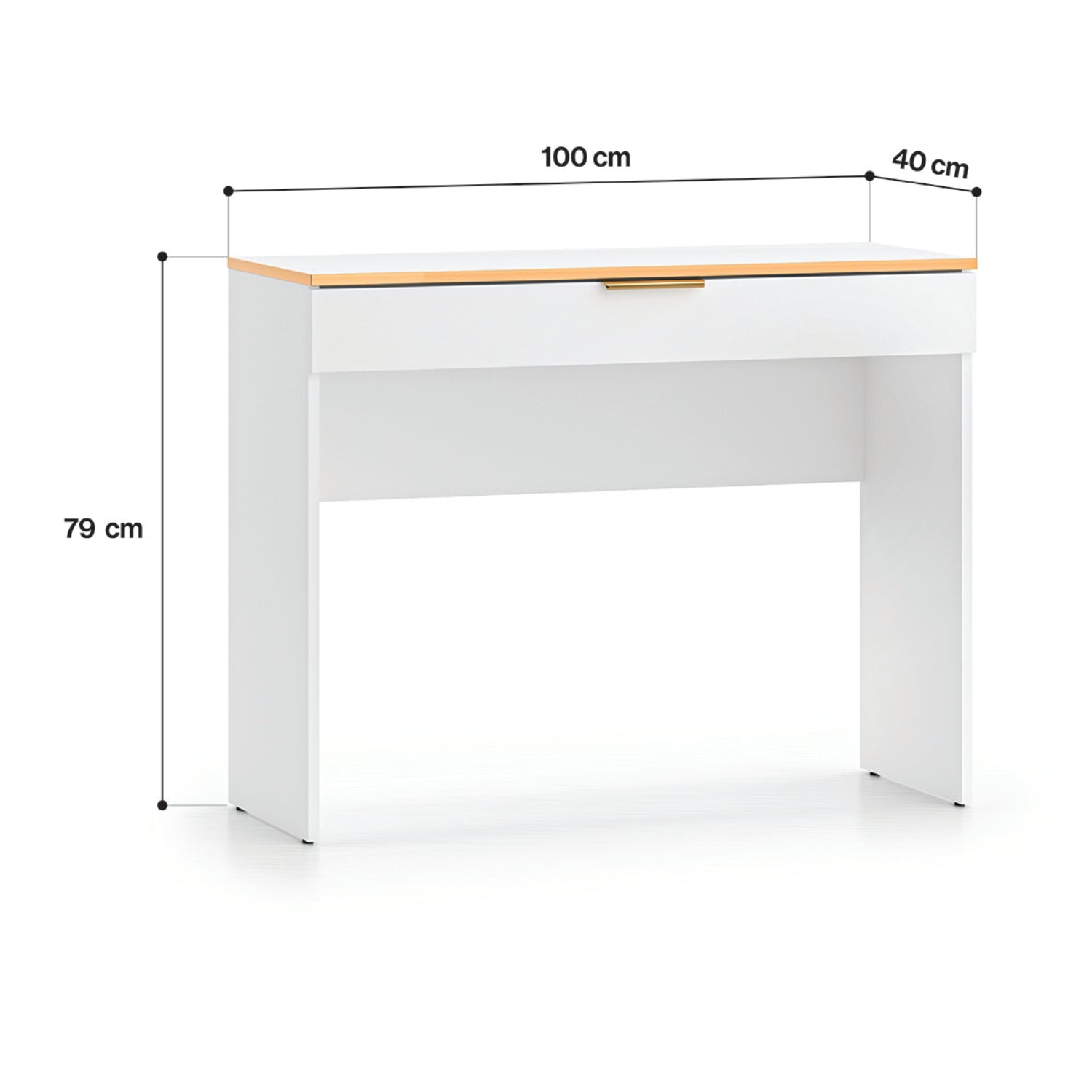 Coiffeuse en bois blanc laqué mat avec structure dorée avec rangement pratique
