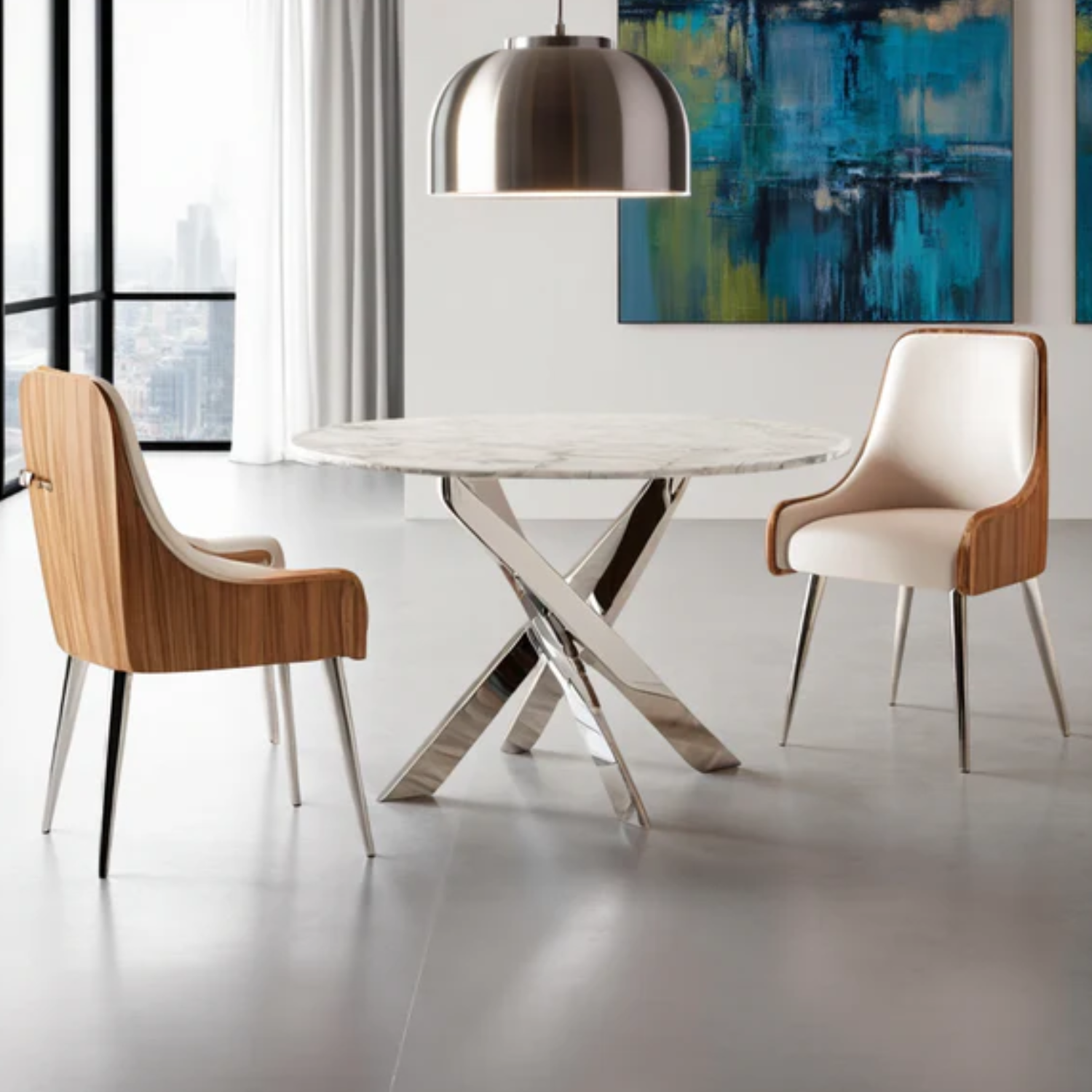 Table à Manger Ronde – Plateau Marbre Blanc & Pieds Argentés – 100 ou 120 cm