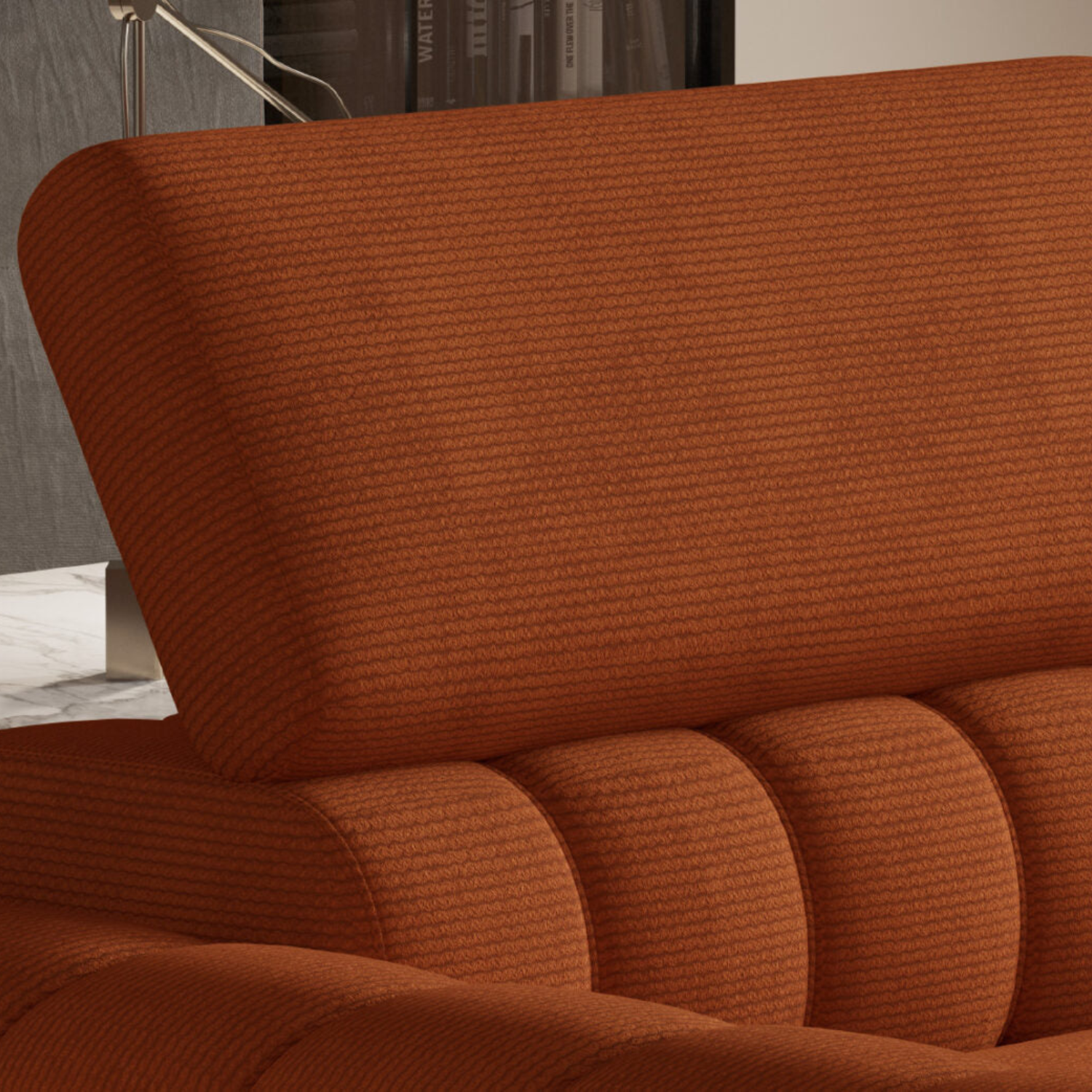 Canapé d’Angle  – Design Moderne, Système de Couchage DELFIN, Coffre de Rangement et Têtières Ajustables | Tissu Haut de Gamme