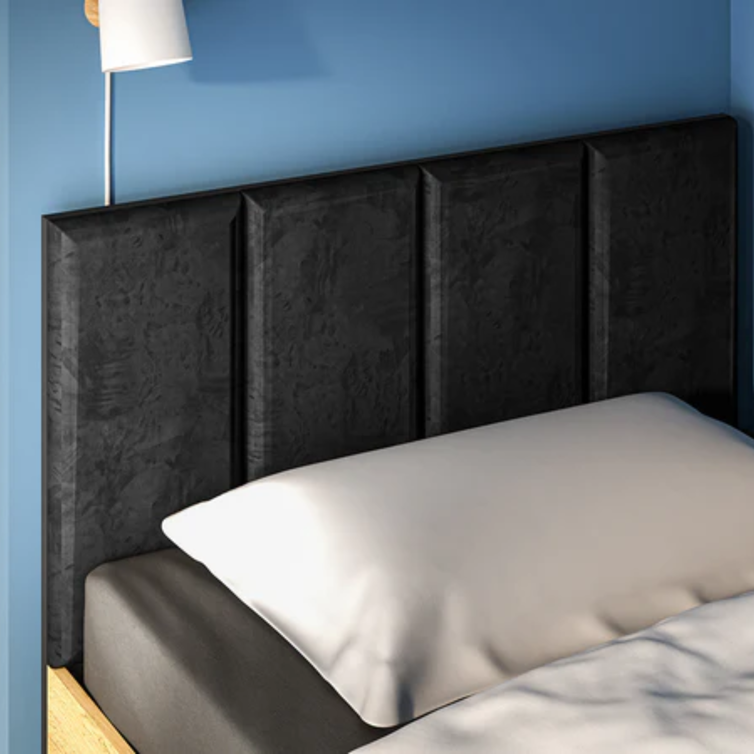 Lit en Chêne Craft Or et Noir avec Tête de Lit en Velours Noir – Design Moderne et Résistant