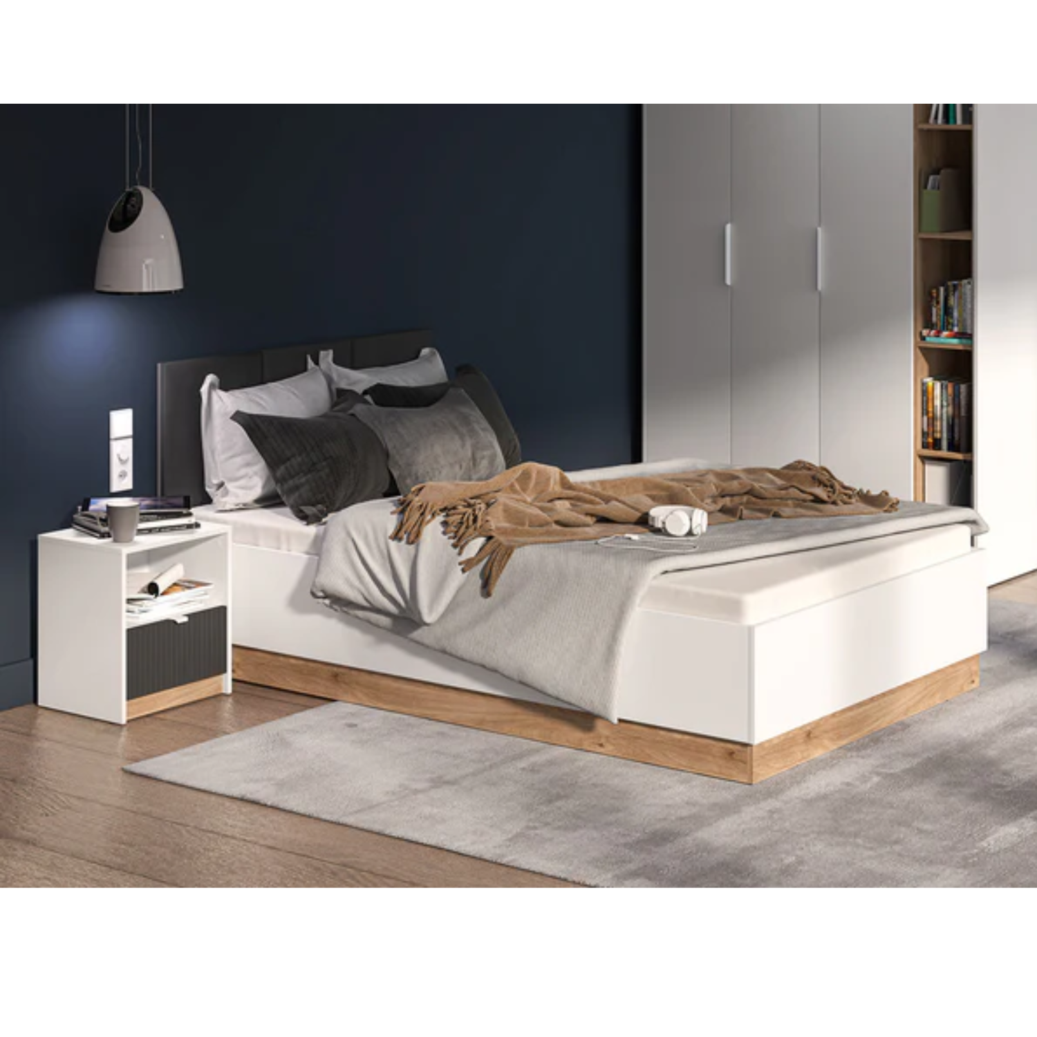 Lit Double Moderne avec Cadre Graphite et Blanc - MDF Haut de Gamme, Résistant aux Rayures et Humidité