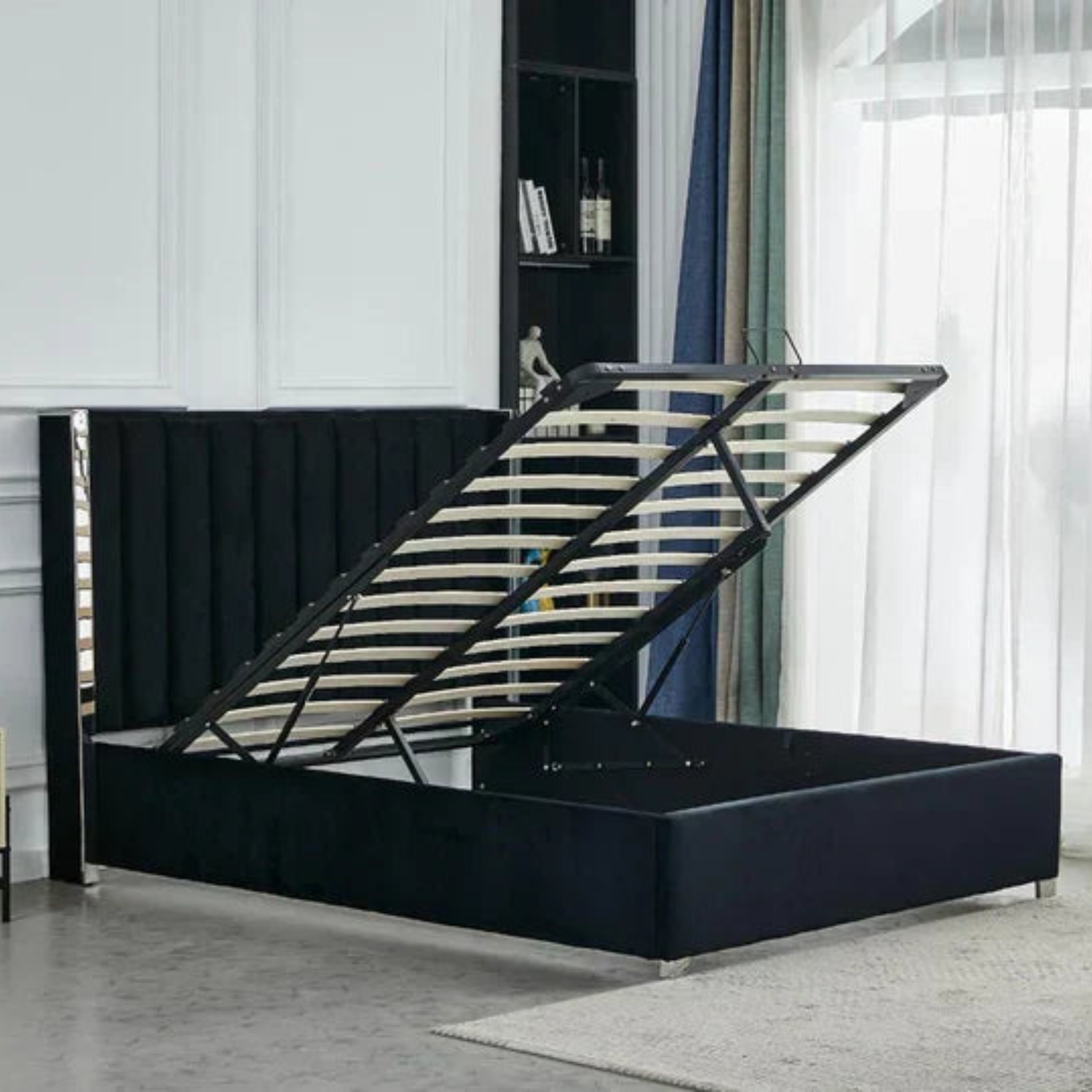 Lit Coffre avec Tête Capitonnée  avec Rangement  – Velours Taupe, Gris ou Noir – 140x200 / 160x200 cm